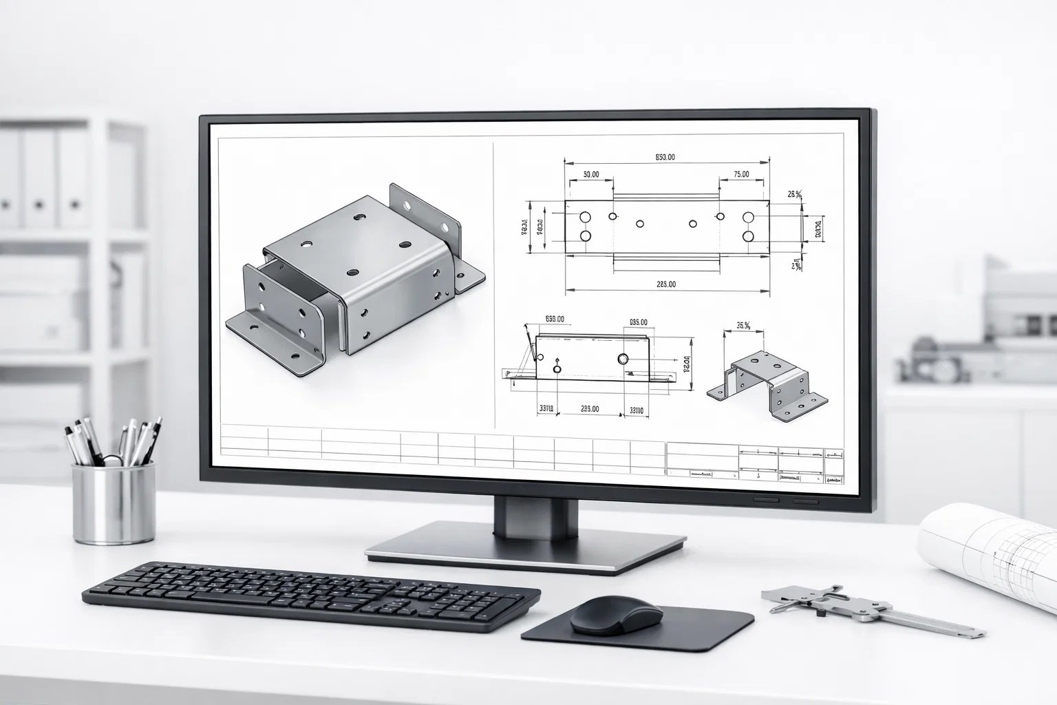 Computer monitor on desk displaying 3D model and technical drawings of a metal bracket with measurements.