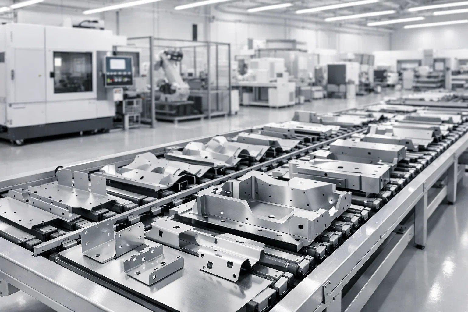 Metal parts lined up on a conveyor system inside an industrial manufacturing facility.