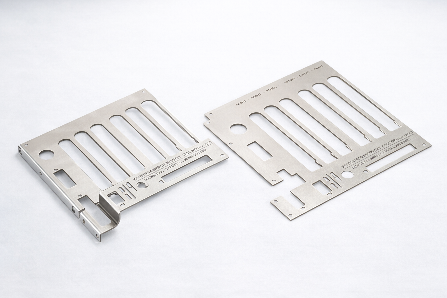 Two silver metal computer expansion slot covers with multiple rectangular cutouts on a white background.