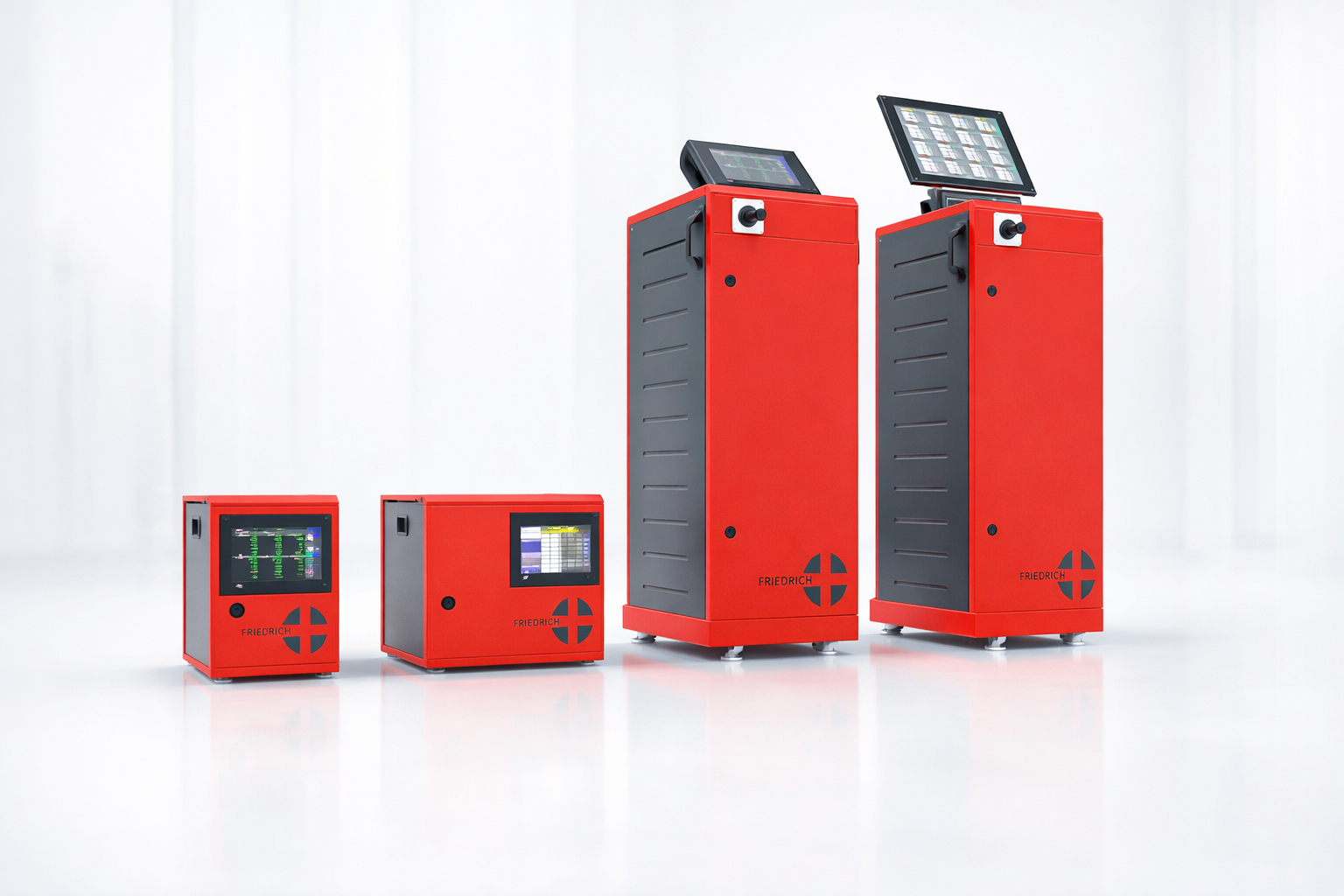 Four red and black industrial machines of varying sizes with screens displaying data, labeled 'FRIEDRICH.'