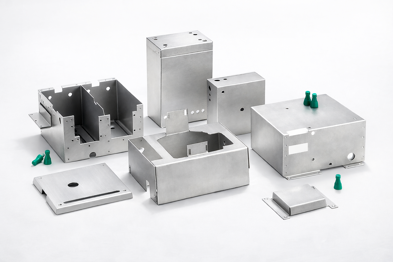 Assorted unfinished metal electronic enclosures and chassis with several green plastic connectors on a white surface.