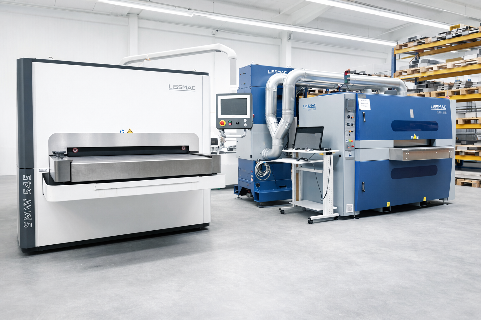 Modern industrial workshop with blue and white large LISSMAC metalworking machines and ventilation pipes on a clean concrete floor.