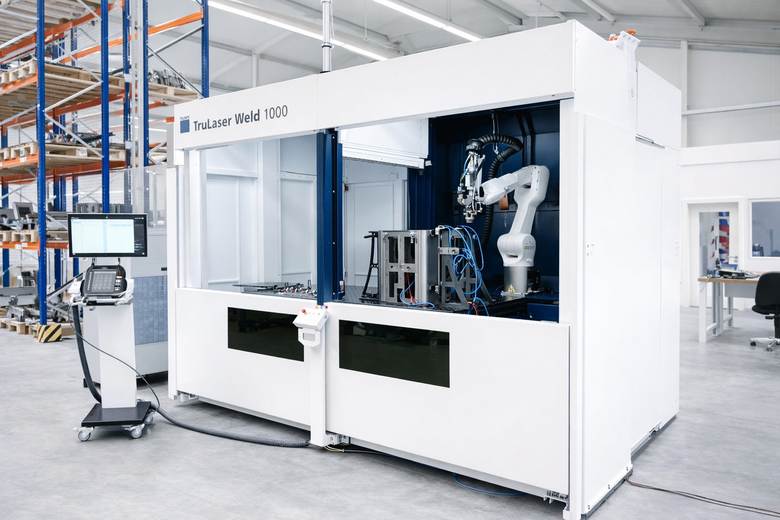 TruLaser Weld 1000 laser welding machine with robotic arm inside an industrial workshop.