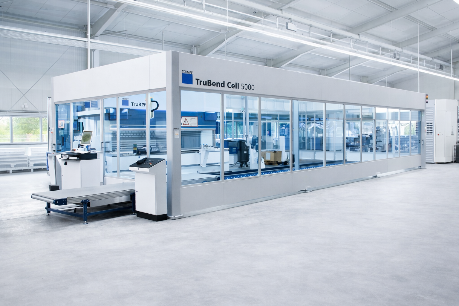 TruBend Cell 5000 industrial metal bending machine enclosed in glass panels inside a spacious clean factory.
