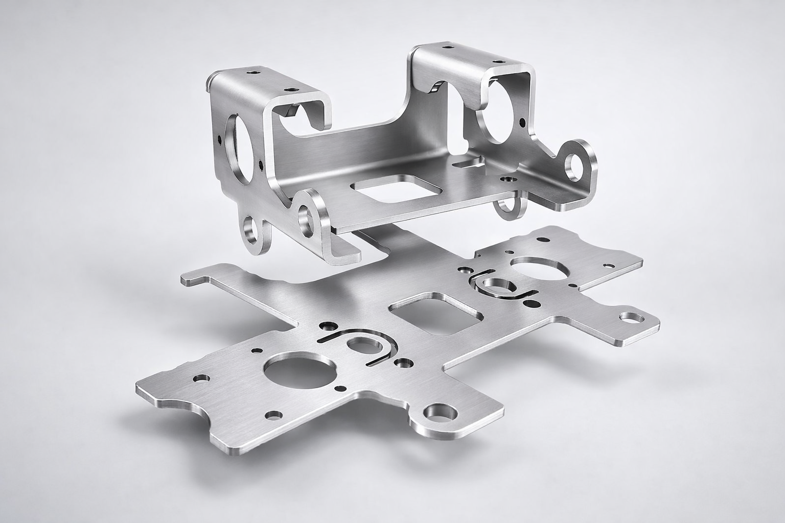 Two precision-engineered stainless steel metal parts with multiple holes and cutouts, arranged on a light grey background.