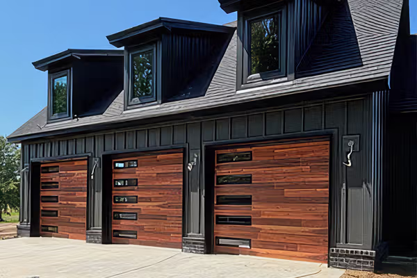 Modern black house exterior with three wooden garage doors and dormer windows on the roof.