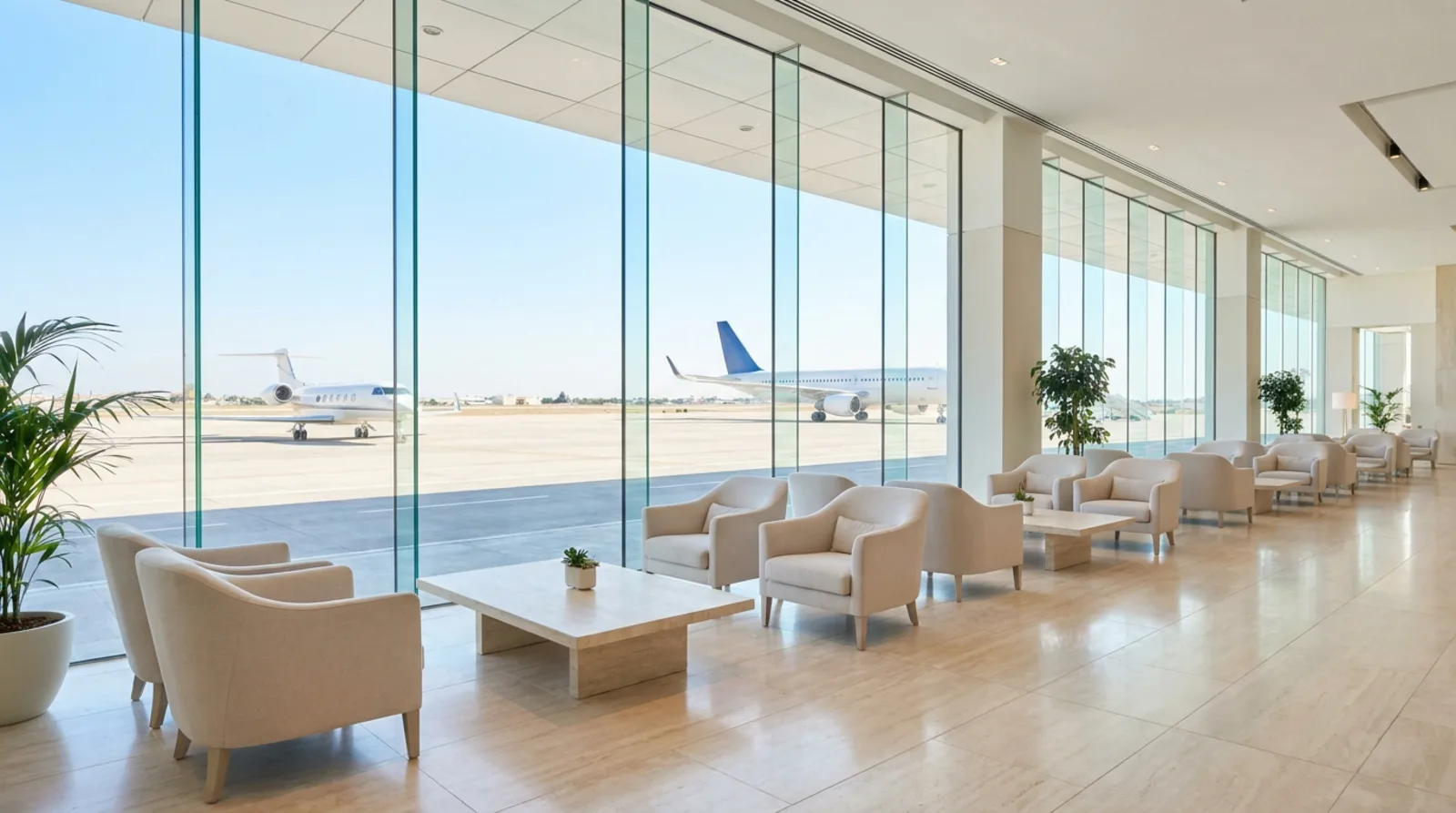 Modern VIP lounge at Marrakech airport overlooking the tarmac