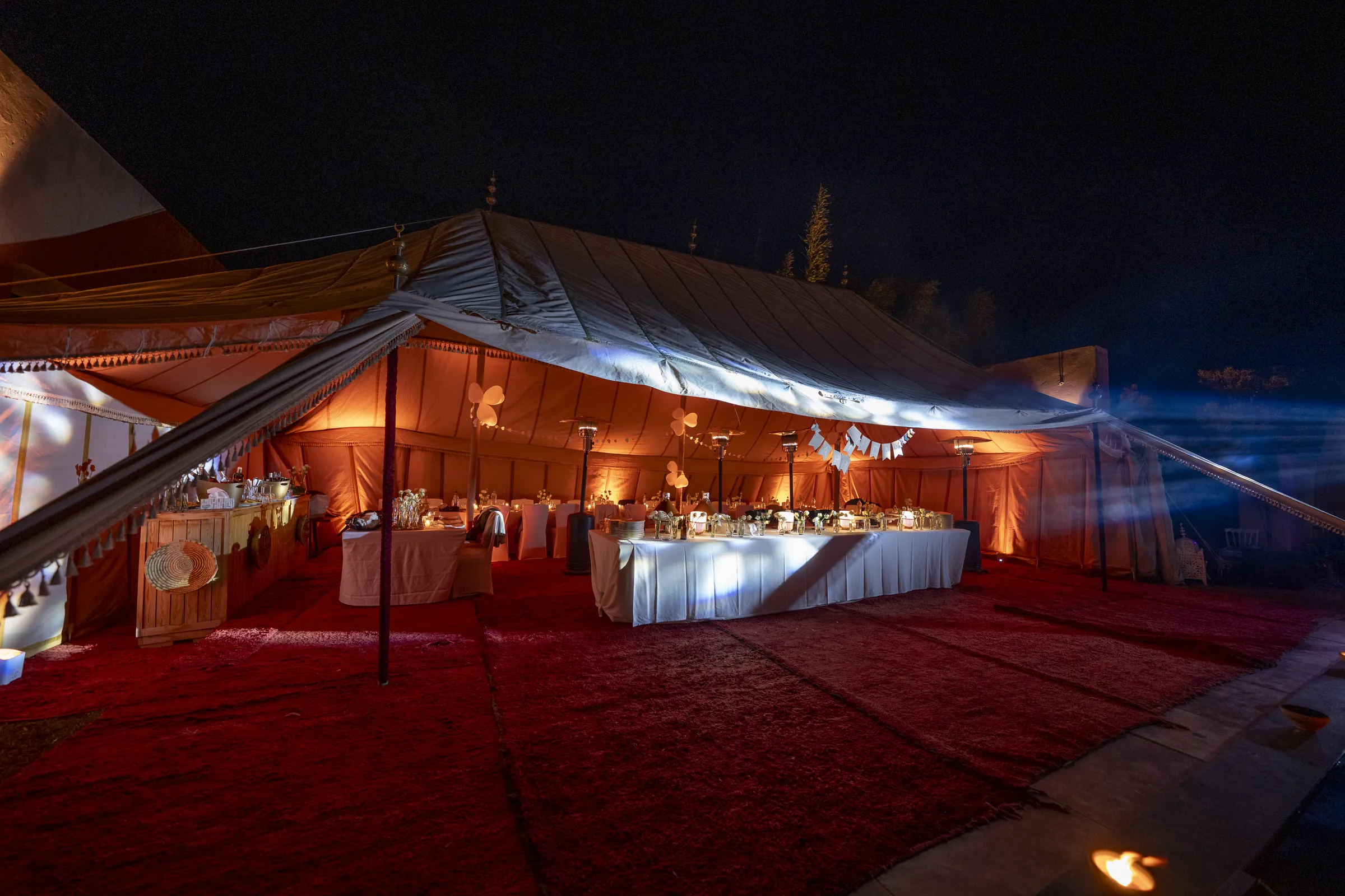 Moroccan caidal tent set for an evening near Marrakech