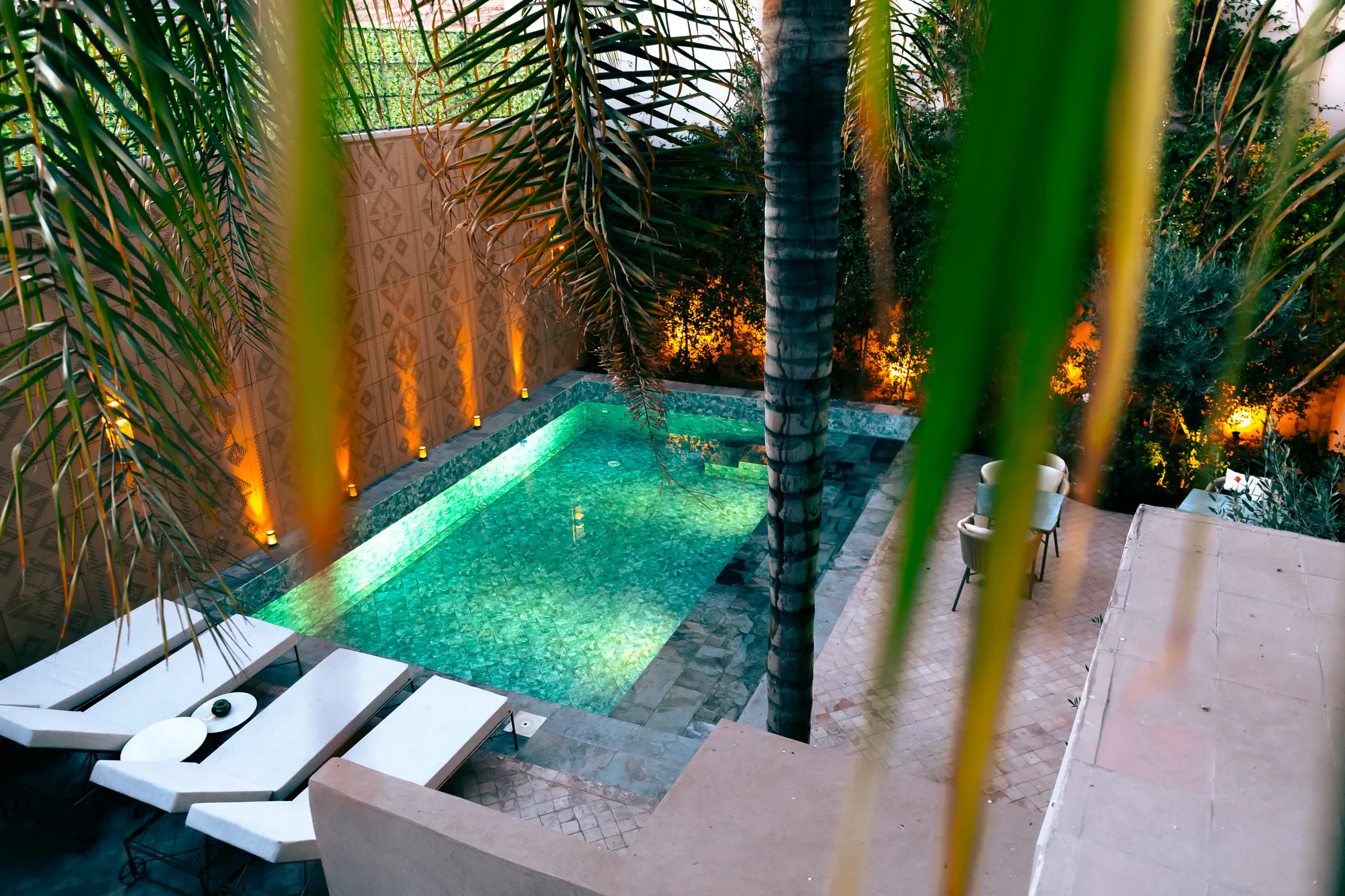 Heated pool by night at Kasbah Moon