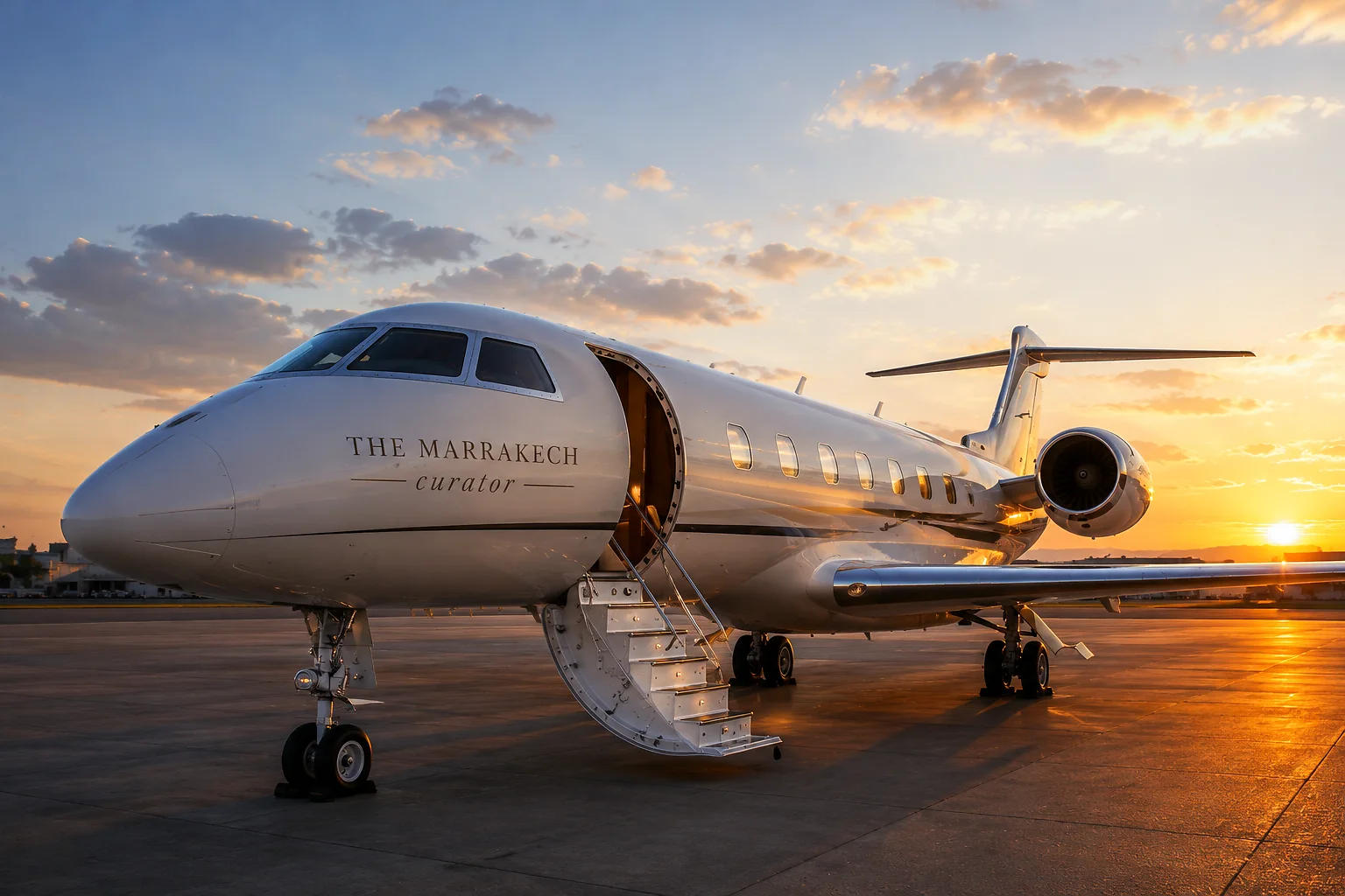 A private jet branded The Marrakech Curator on the tarmac at sunset in Marrakech
