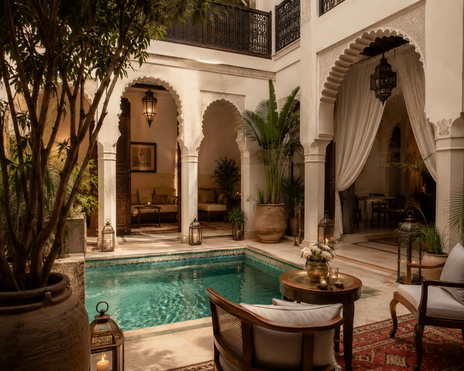 Riad courtyard in Marrakech with a plunge pool, carved arches and lanterns