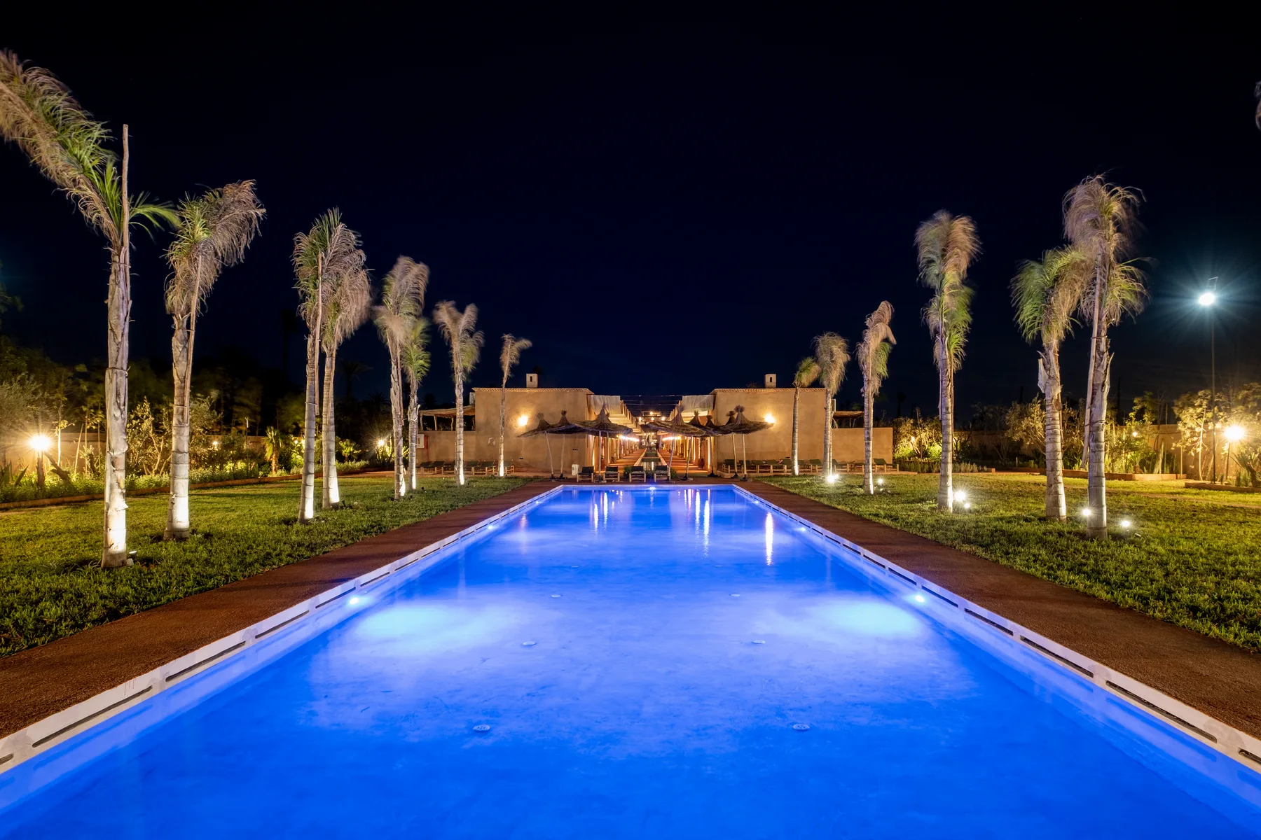 Villa Moira, celebration villa in the Palmeraie, Marrakech, night pool lined with illuminated palms. The Marrakech Curator.