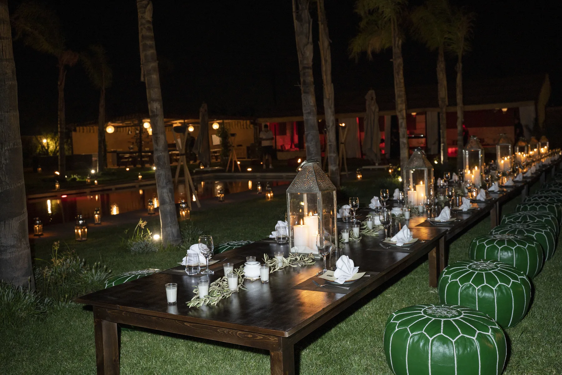 Villa Moira, celebration villa in the Palmeraie, Marrakech, candlelit garden party dinner. The Marrakech Curator.