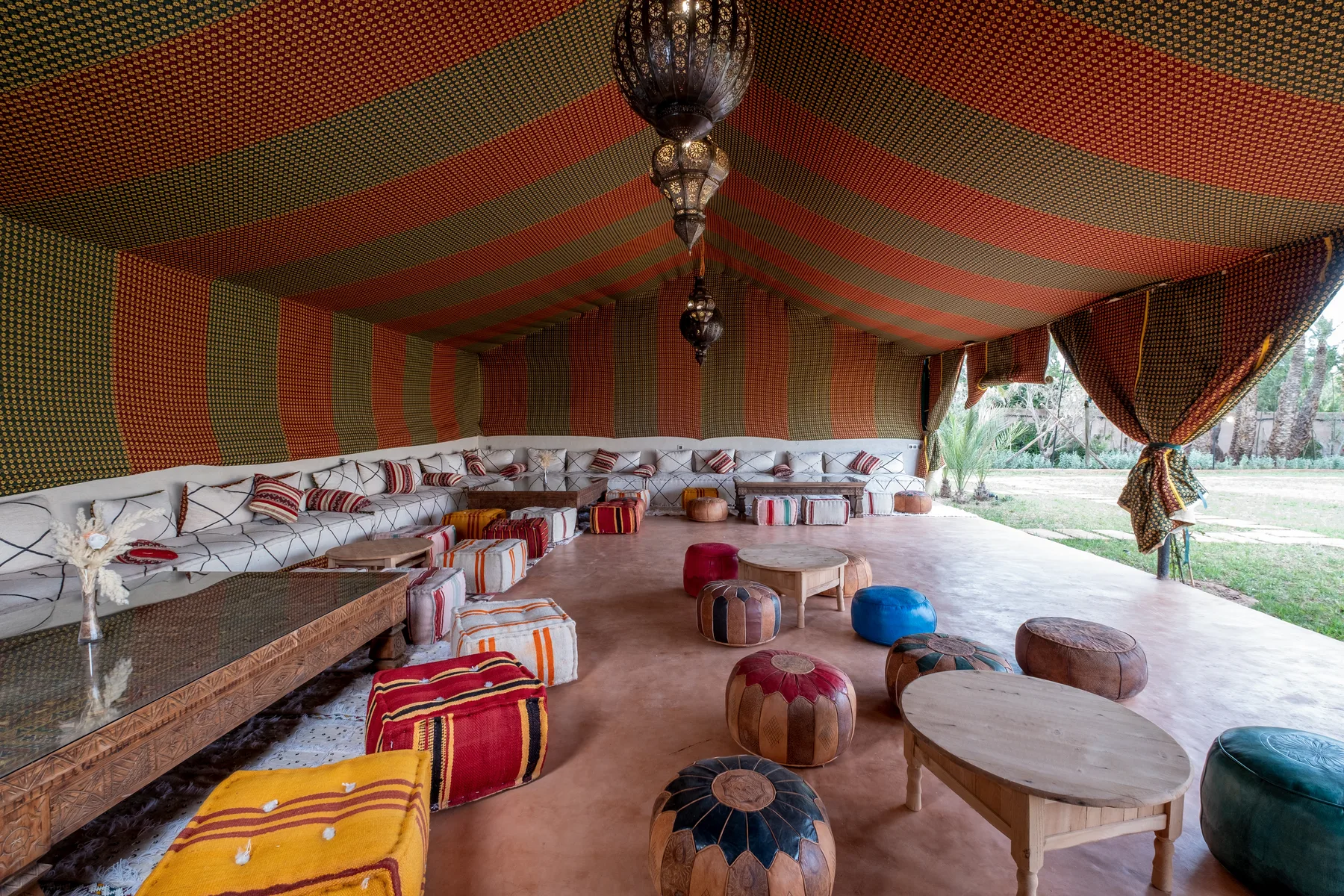 Villa Moira, celebration villa in the Palmeraie, Marrakech, Berber khayma tent lounge. The Marrakech Curator.