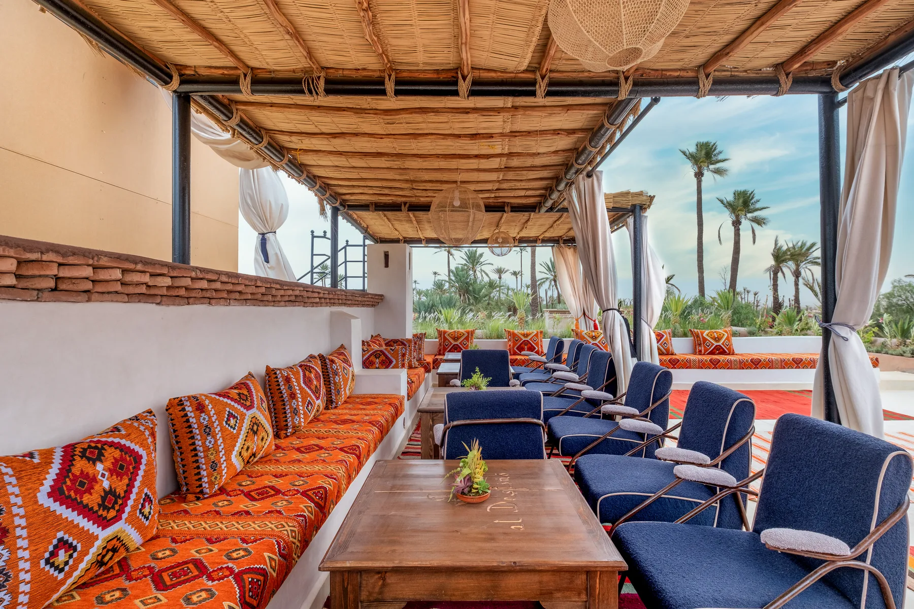 Villa Moira, celebration villa in the Palmeraie, Marrakech, rooftop pergola panorama over the palm grove. The Marrakech Curator.