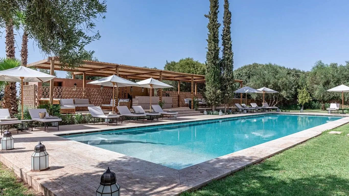 Villa Pegasos, private estate near Marrakech, aerial view of the pool and pavilion. The Marrakech Curator.