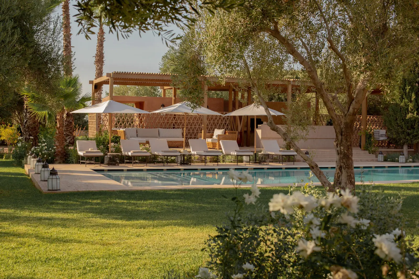 Villa Pegasos, private estate near Marrakech, pool pergola and gardens. The Marrakech Curator.