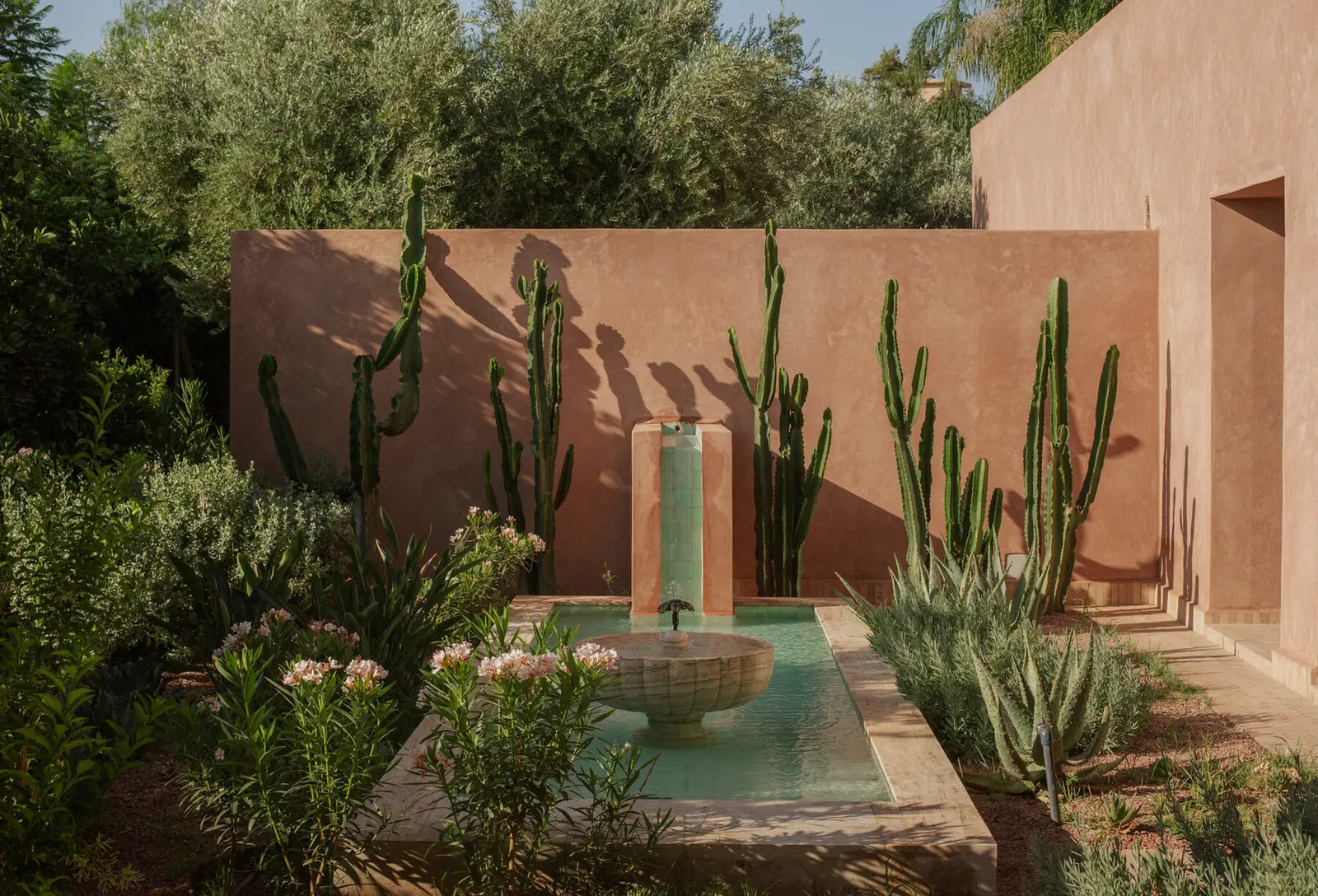 Villa Pegasos, private estate near Marrakech, patio with cactus garden and fountain. The Marrakech Curator.