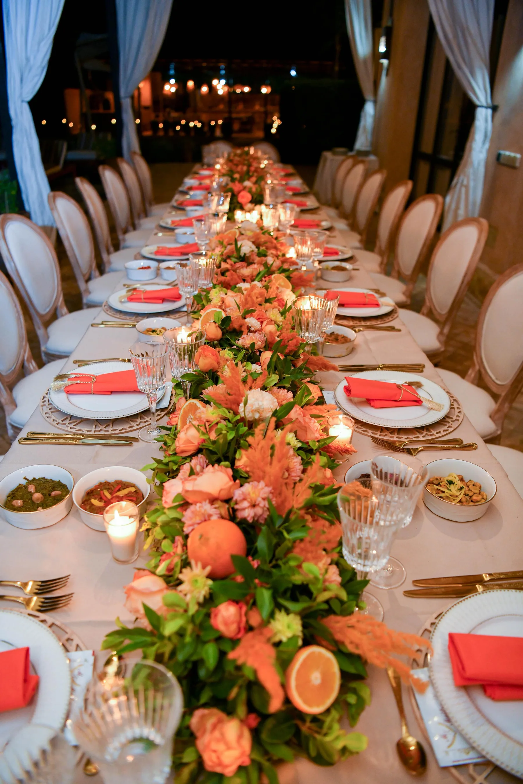 Villa Kallista, 12 bedroom wedding and event villa in Marrakech, wedding table with floral decor. The Marrakech Curator.