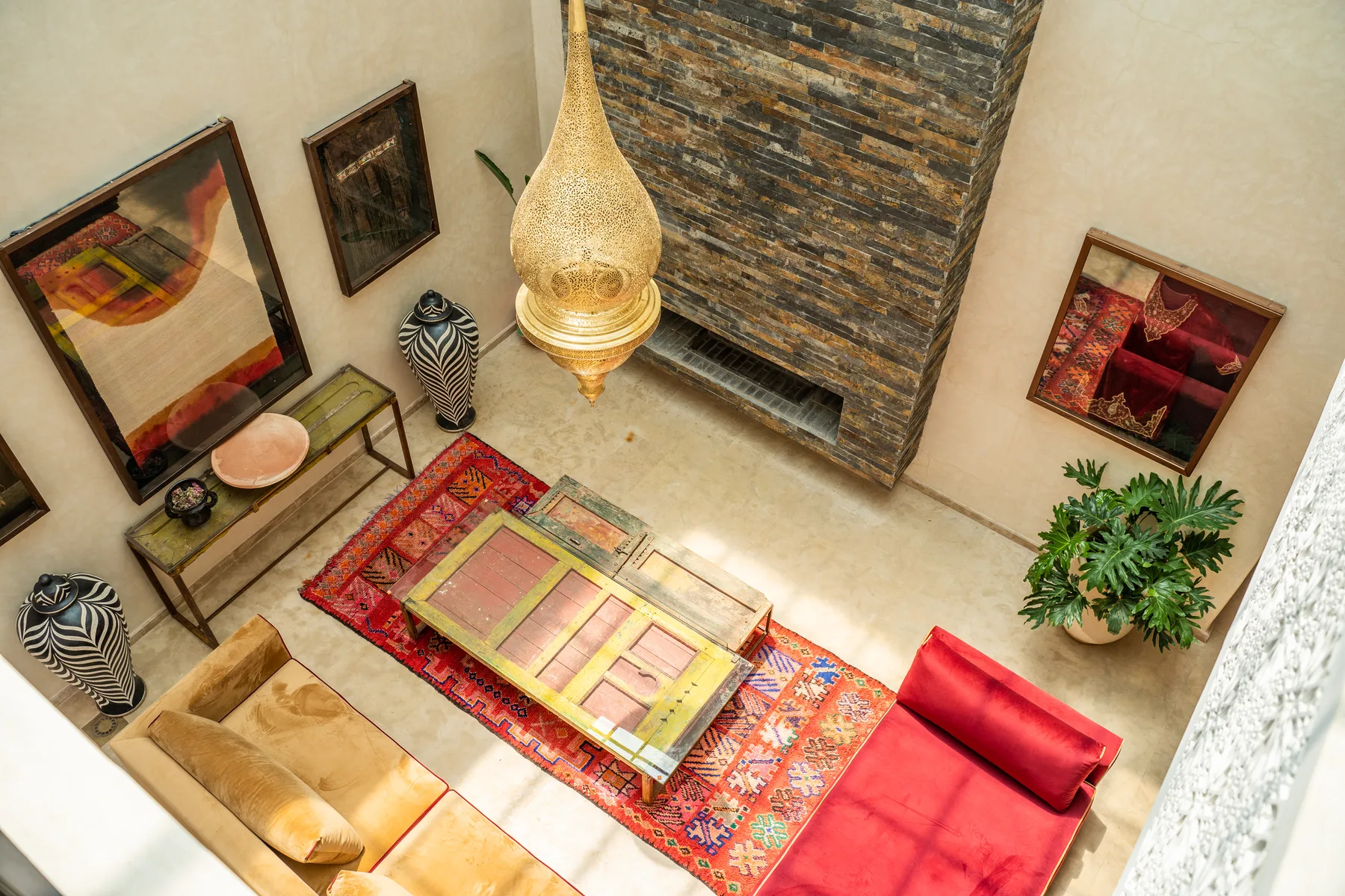 Villa Kallista, 12 bedroom wedding and event villa in Marrakech, salon seen from the gallery. The Marrakech Curator.