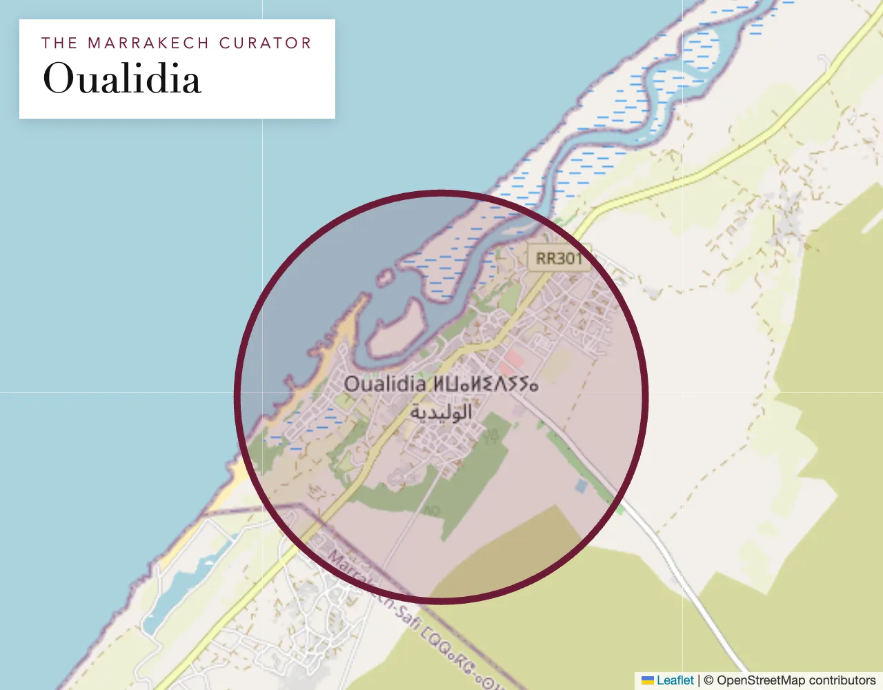 Map of the Oualidia area: the property is located within the circle, exact address shared upon booking