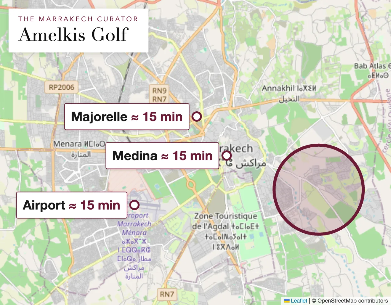 Map of the Amelkis Golf area in Marrakech: the property is located within the circle, exact address shared upon booking