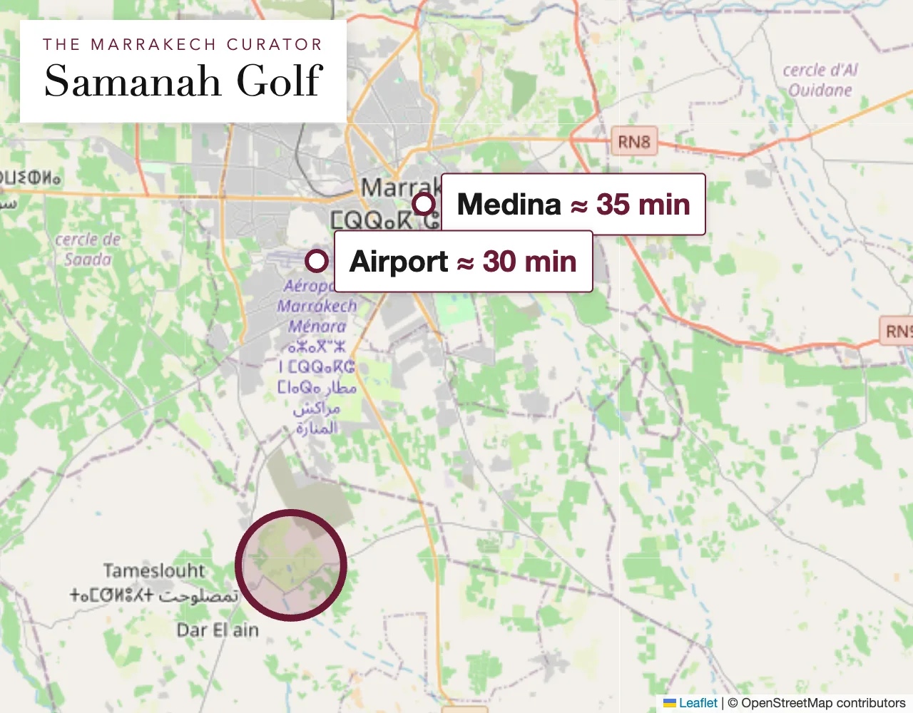 Map of the Samanah Golf area in Marrakech: the property is located within the circle, exact address shared upon booking