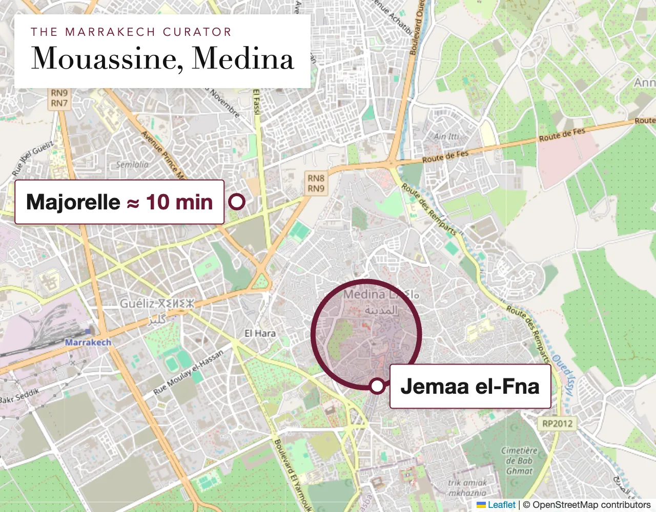 Map of the Mouassine, Medina area in Marrakech: the property is located within the circle, exact address shared upon booking