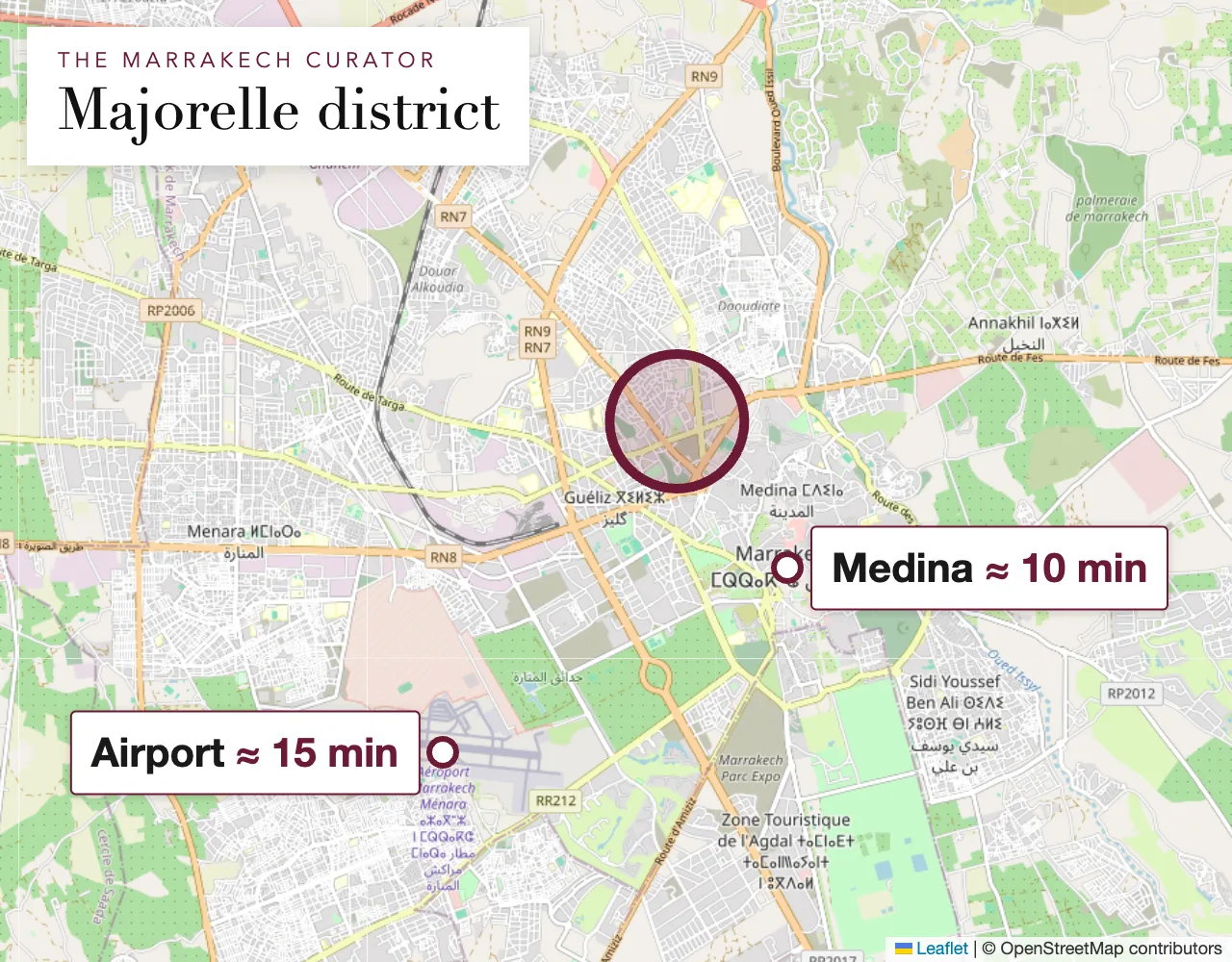 Map of the Majorelle district area in Marrakech: the property is located within the circle, exact address shared upon booking