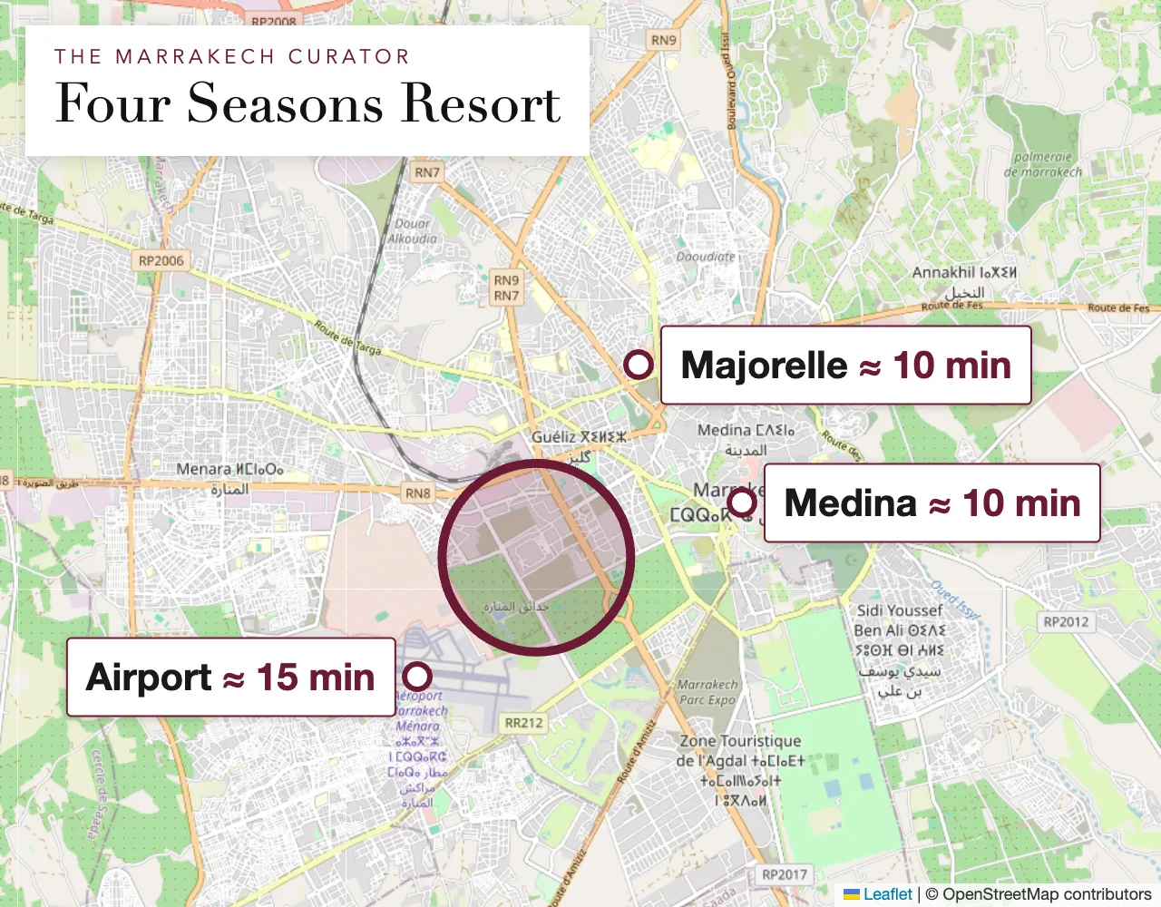 Map of the Four Seasons Resort area in Marrakech: the property is located within the circle, exact address shared upon booking