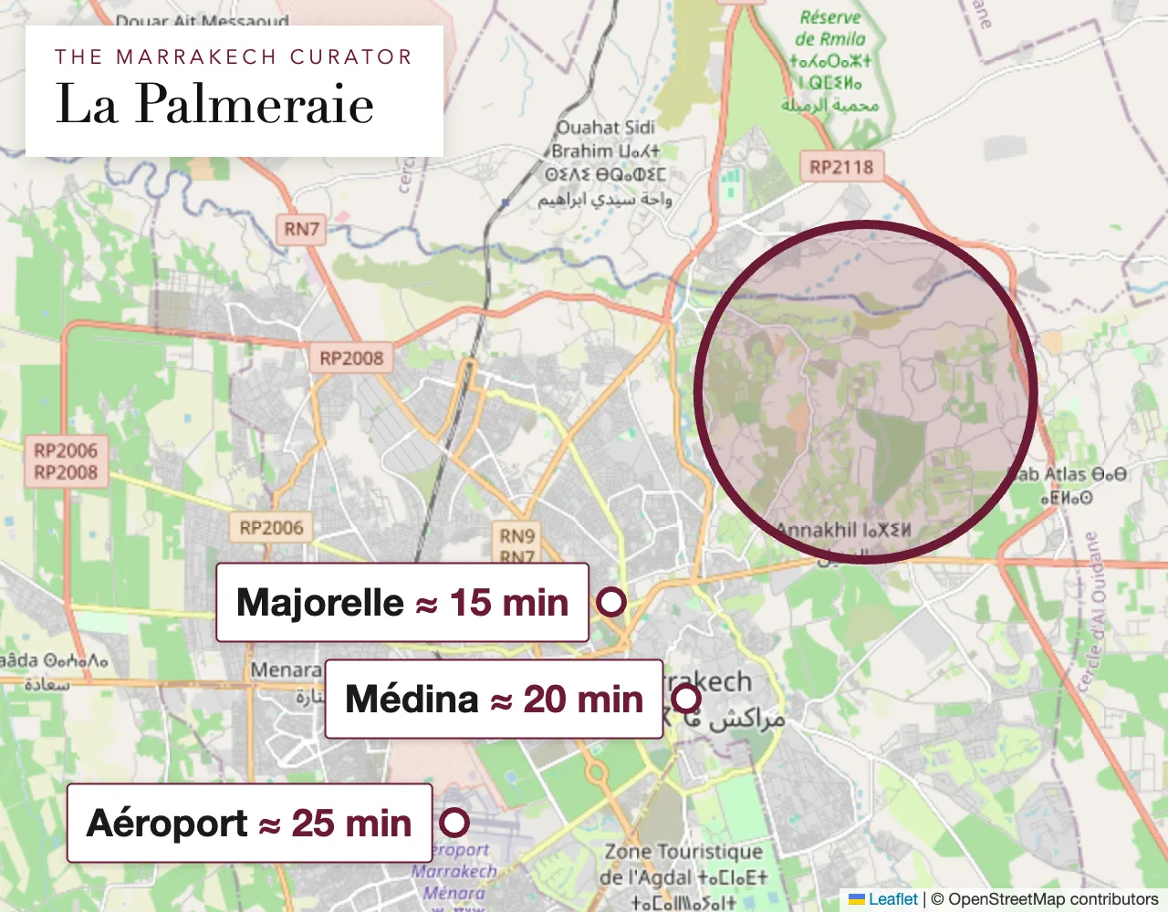 Carte du secteur La Palmeraie à Marrakech : la propriété se trouve dans le cercle, adresse exacte communiquée à la réservation