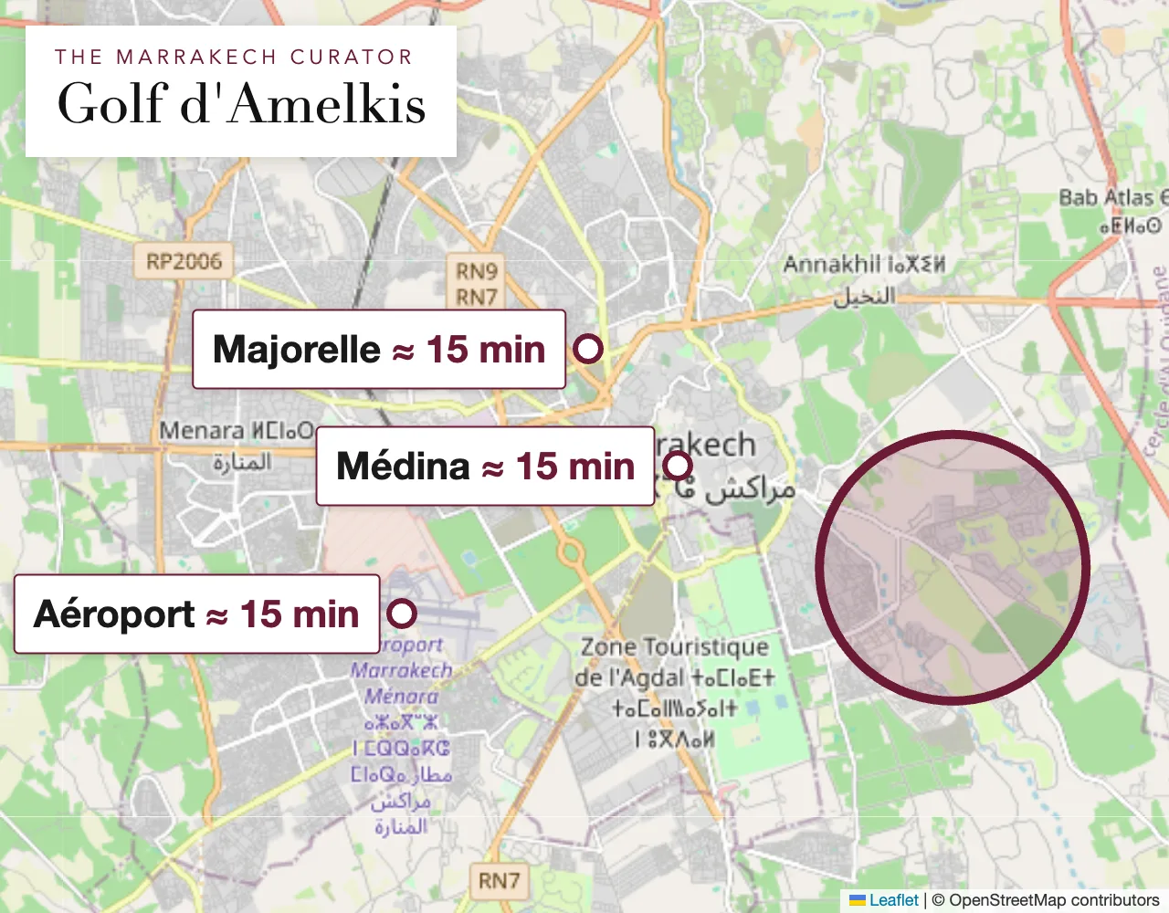 Carte du secteur Golf d'Amelkis à Marrakech : la propriété se trouve dans le cercle, adresse exacte communiquée à la réservation