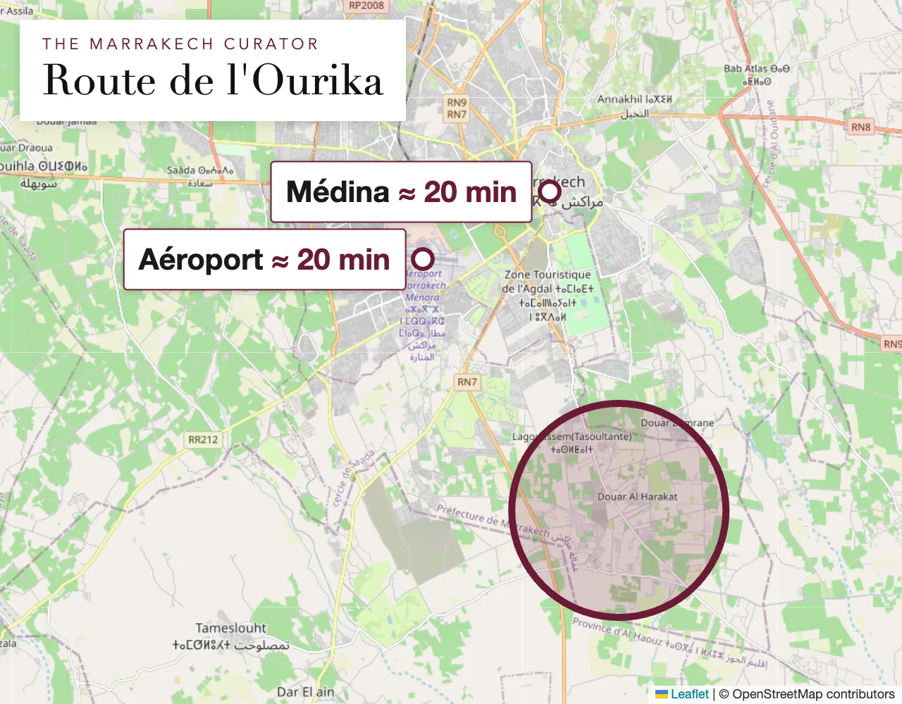 Carte du secteur Route de l'Ourika à Marrakech : la propriété se trouve dans le cercle, adresse exacte communiquée à la réservation