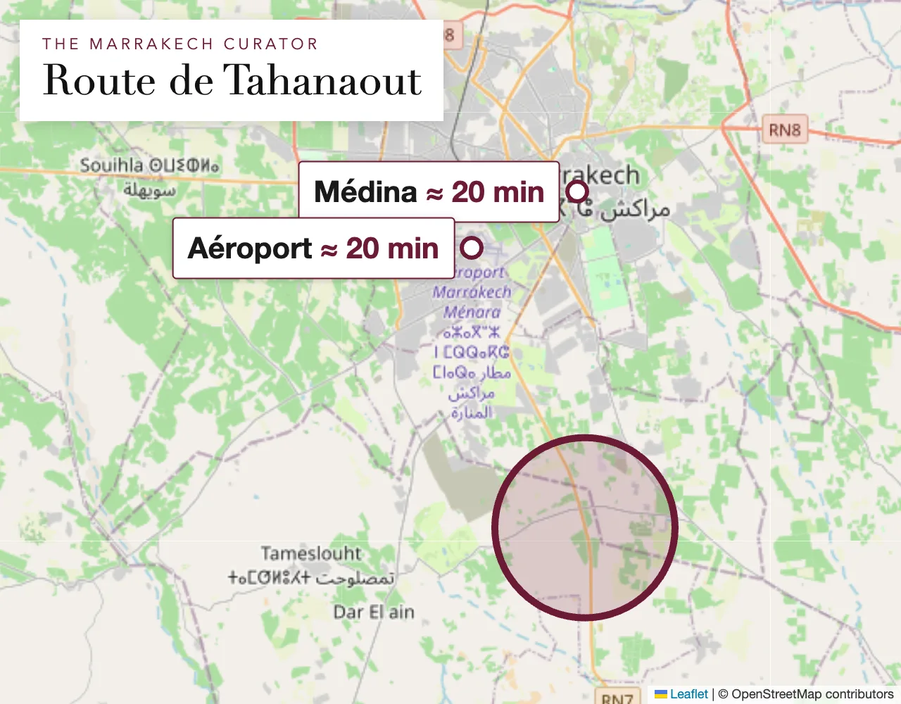 Carte du secteur Route de Tahanaout à Marrakech : la propriété se trouve dans le cercle, adresse exacte communiquée à la réservation