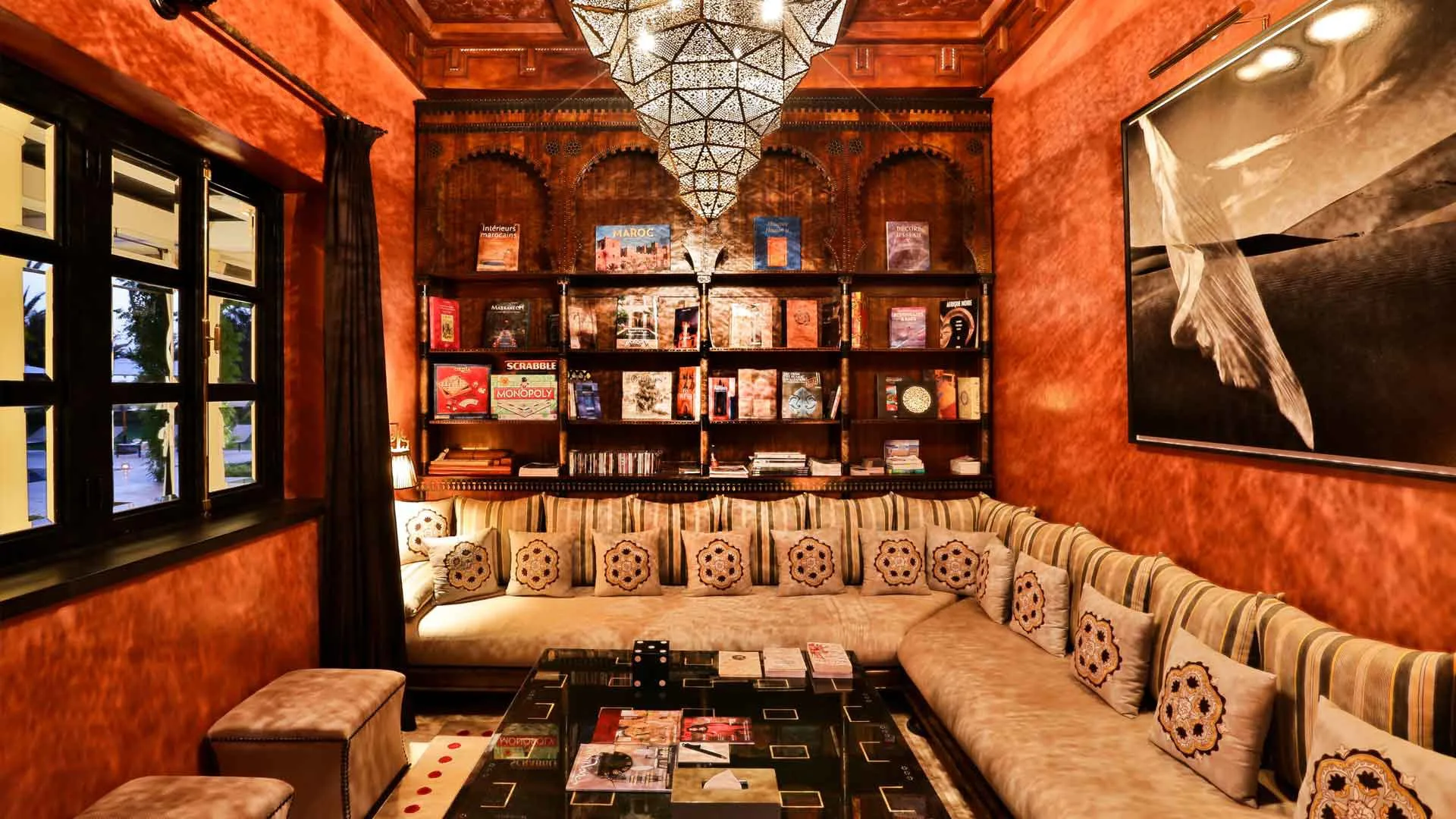 Villa Olympia, private villa rental in Bab Atlas, Marrakech: library lounge