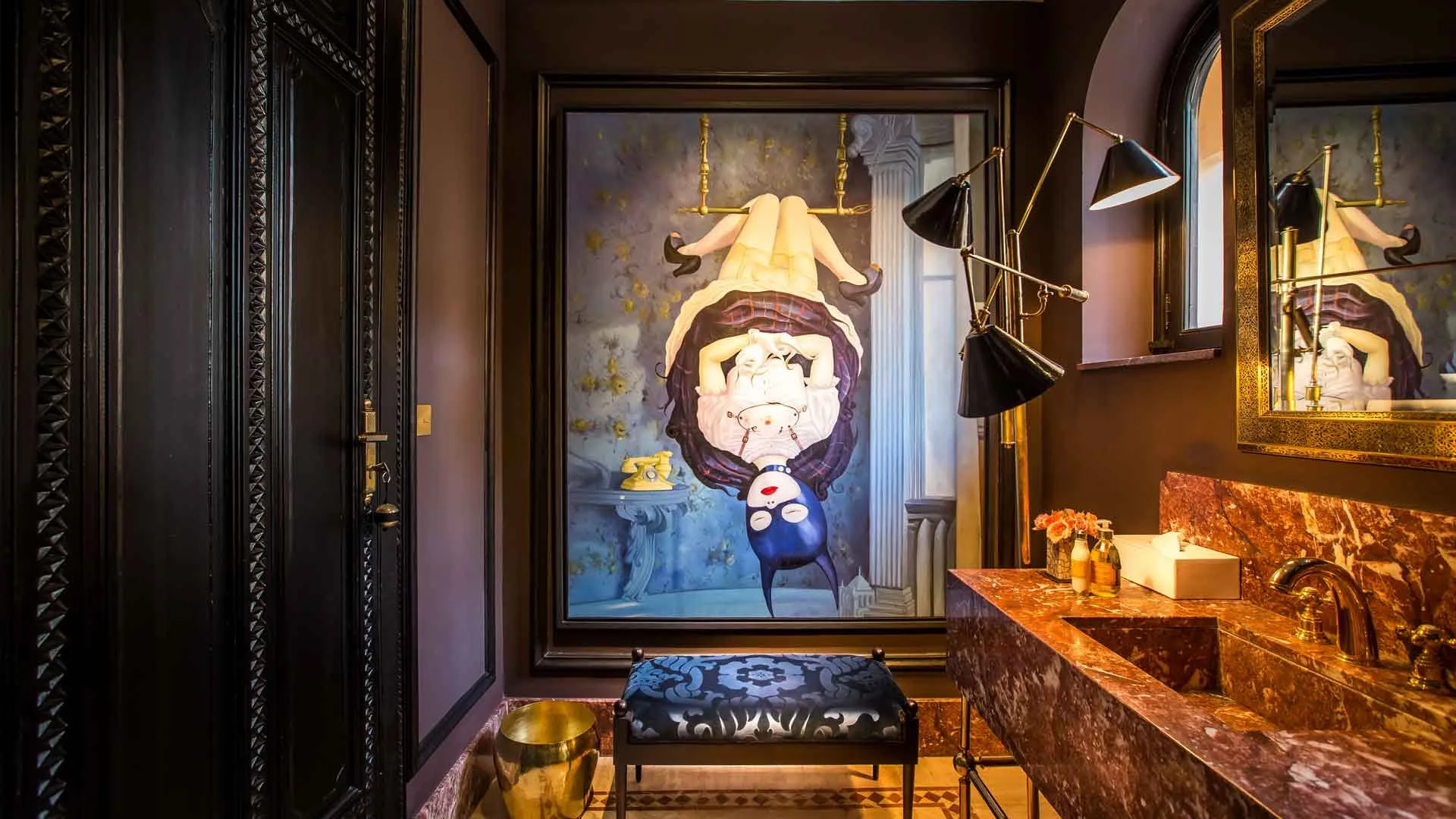 Villa Olympia, private villa rental in Bab Atlas, Marrakech: bathroom with artwork