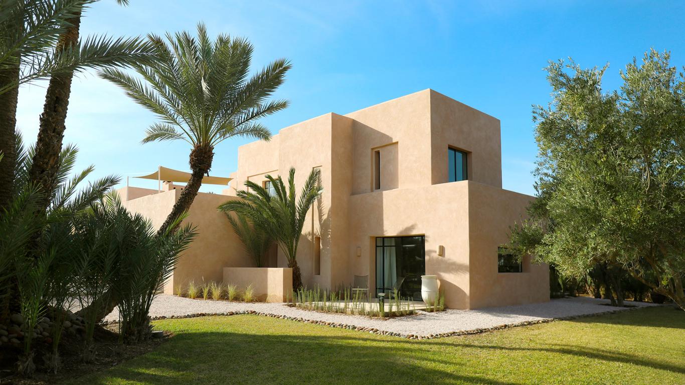 Villa Eos, private villa rental in the Palmeraie, Marrakech: contemporary architecture among palm trees