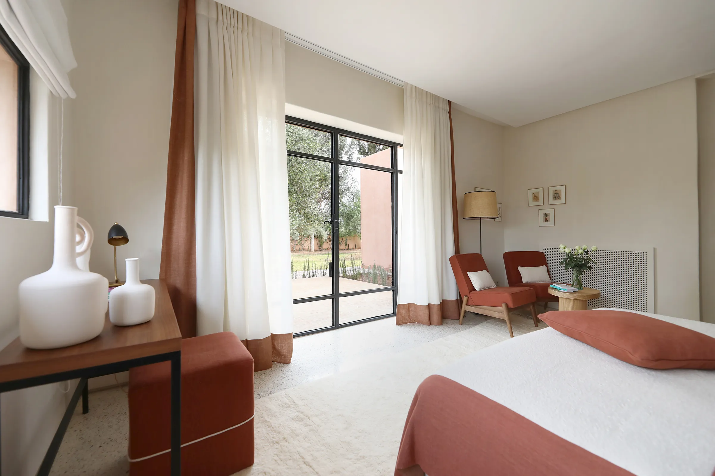 Villa Eos, private villa rental in the Palmeraie, Marrakech: suite opening onto a terrace