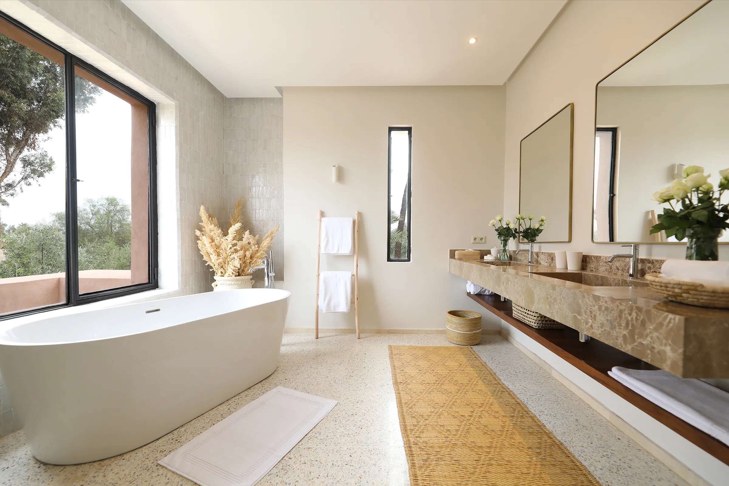 Villa Eos, private villa rental in the Palmeraie, Marrakech: bathroom with freestanding bathtub