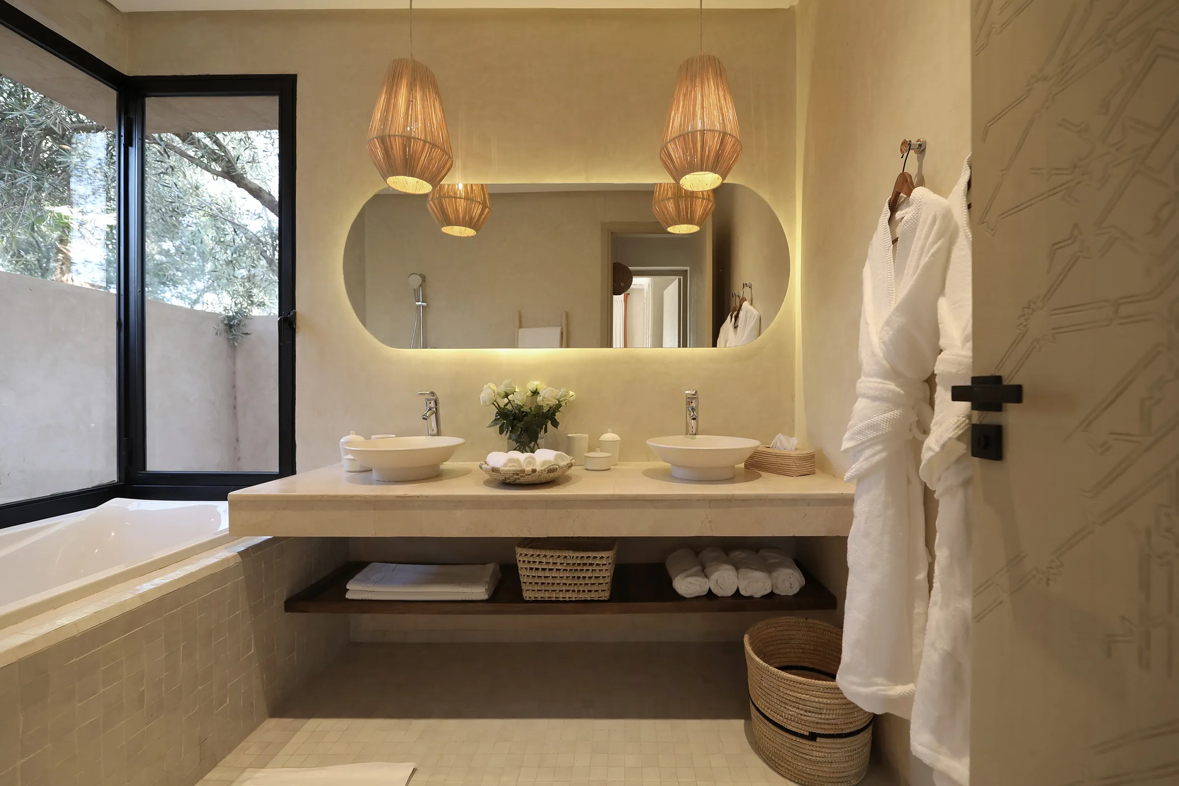 Villa Eos, private villa rental in the Palmeraie, Marrakech: bathroom with double vanity