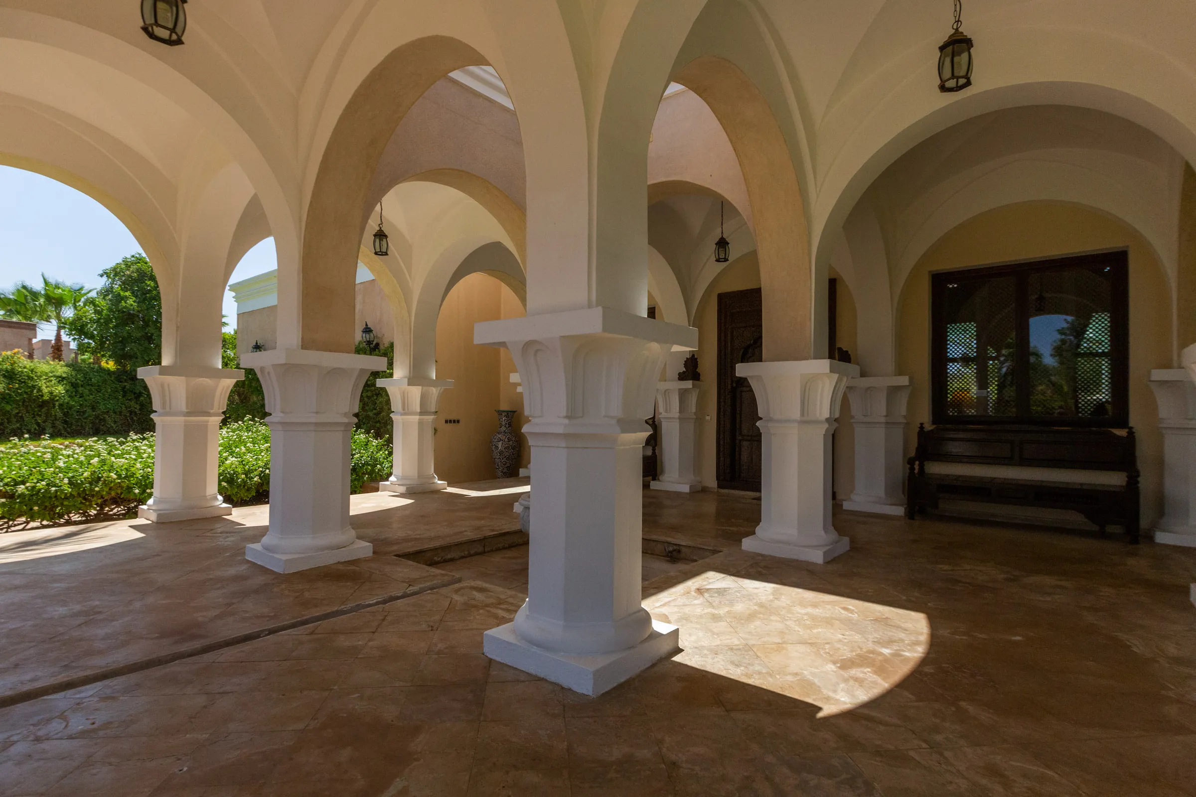Villa Aegea, private villa rental in the Palmeraie, Marrakech: arched patio