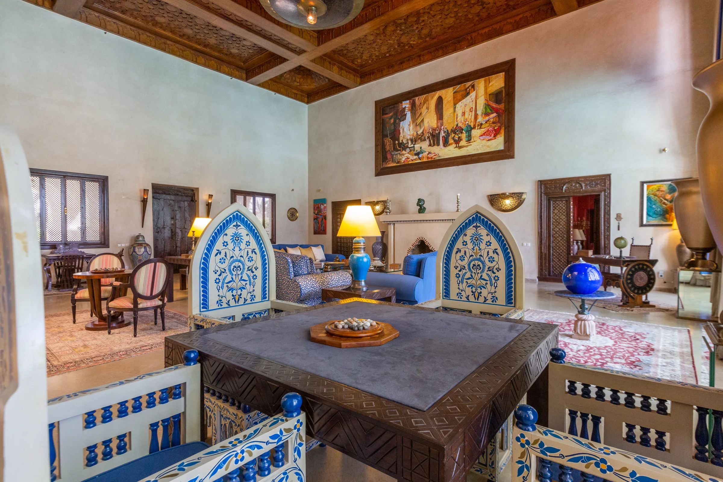 Villa Aegea, private villa rental in the Palmeraie, Marrakech: Moroccan salon with zellige