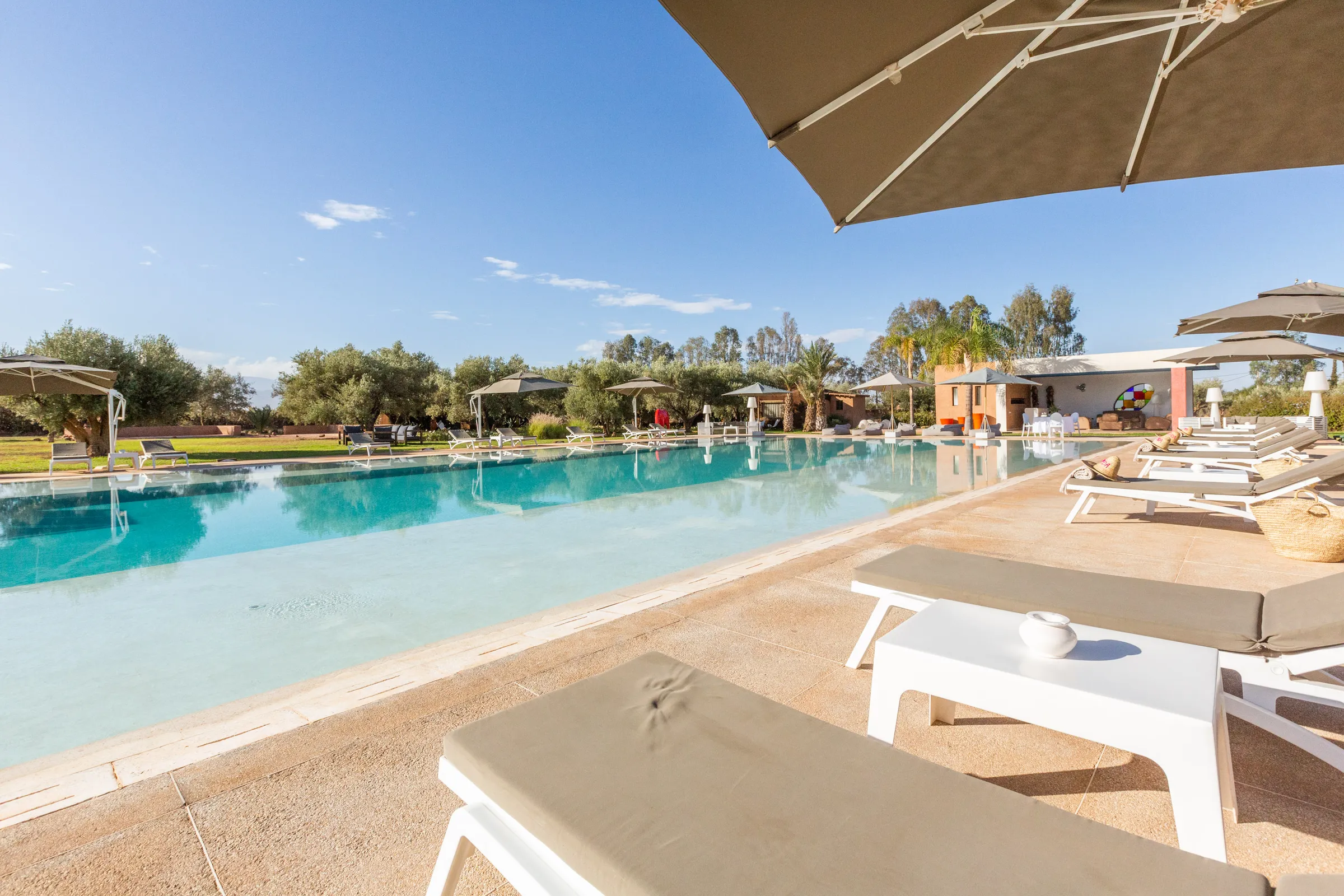 Villa Chloé, private estate rental in Sidi Abdellah Ghiat, Marrakech: pool with sun loungers