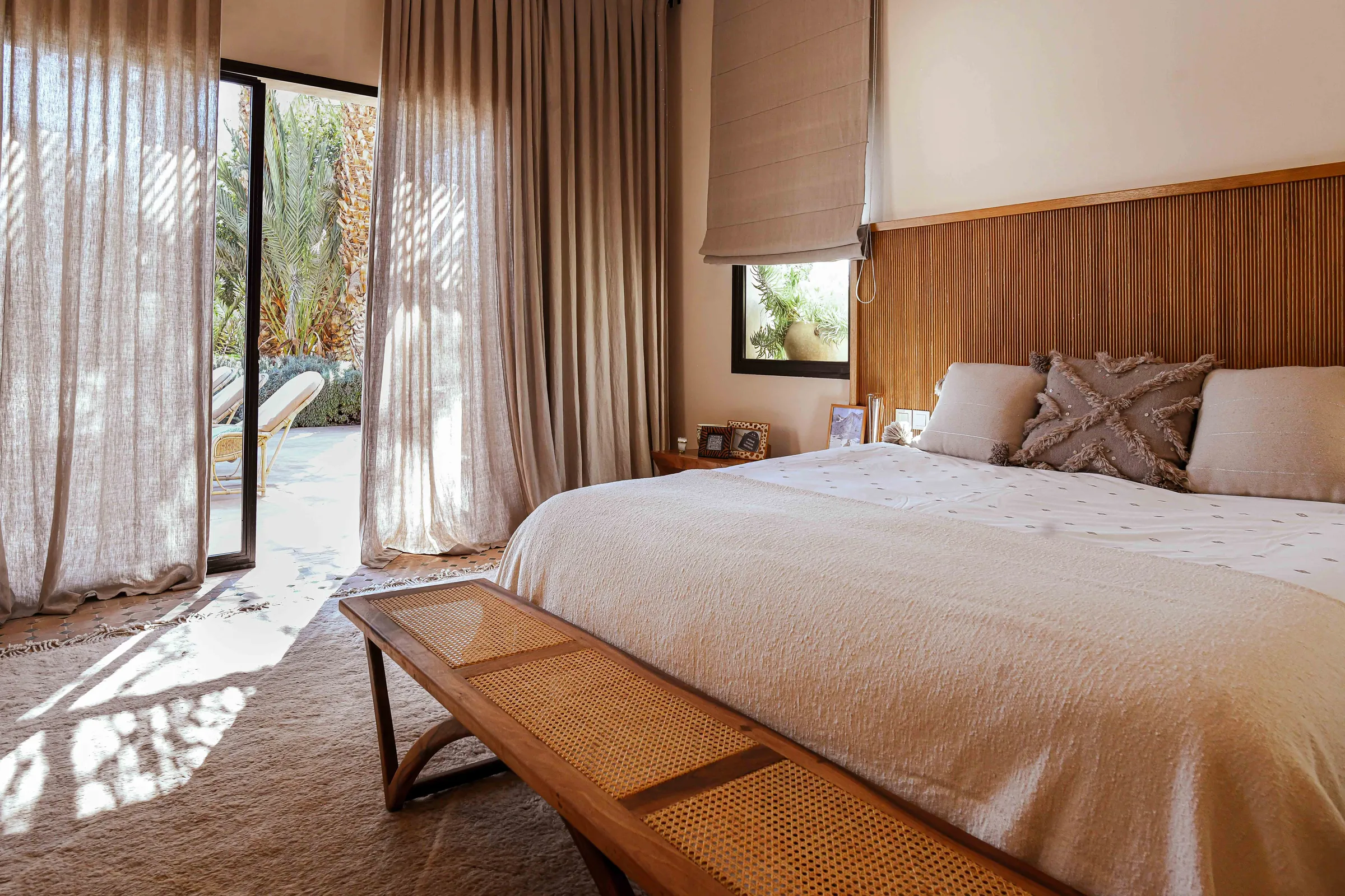 Villa Selene, private villa rental on the Route d'Amizmiz, Marrakech: bedroom with garden view