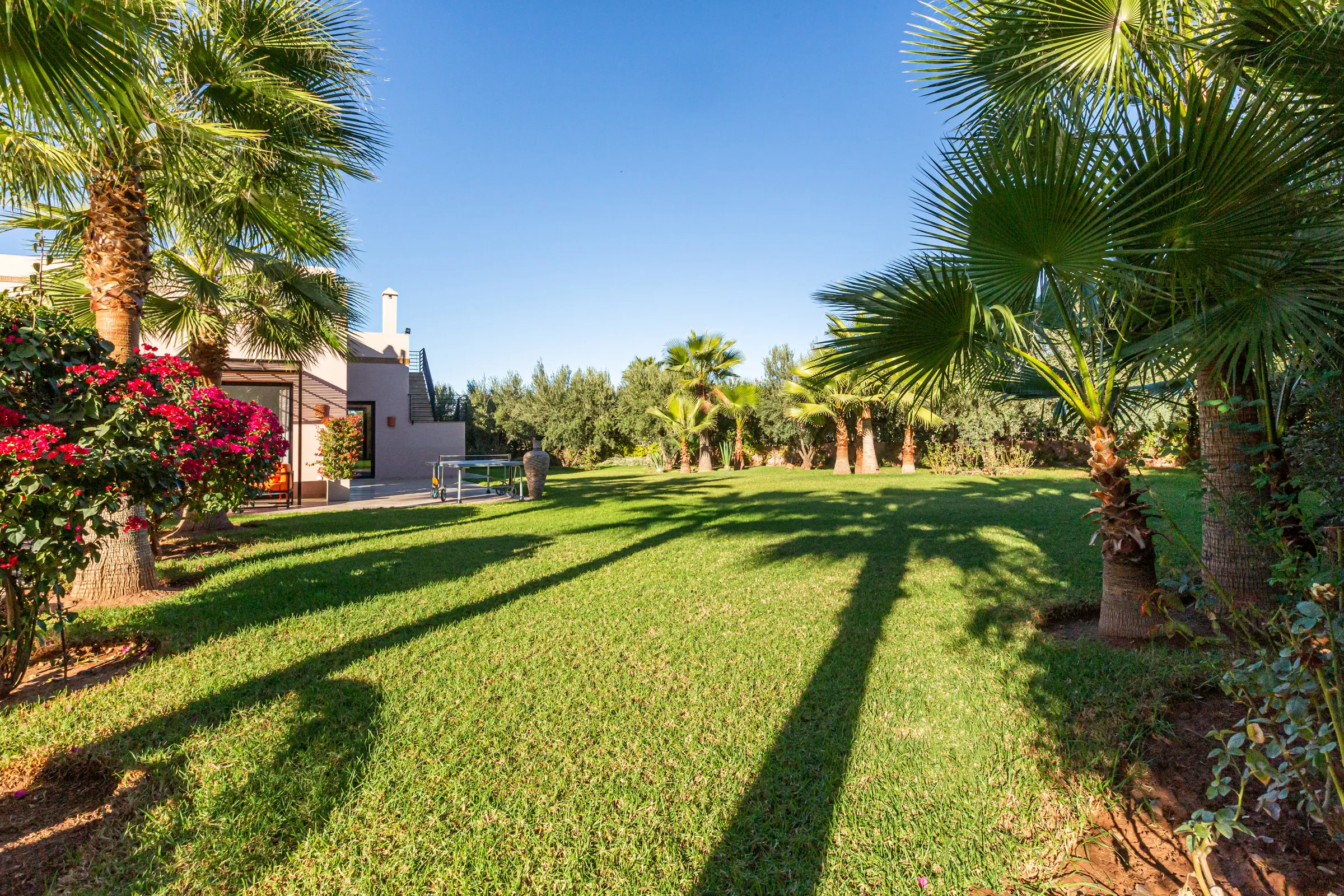 Villa Maia, private villa rental on the Route de Fès, Marrakech: garden lawn and palm trees