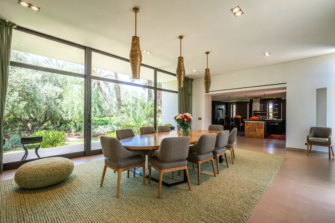 Villa Althea, private villa rental in Bab Atlas, Marrakech: dining room opening onto the garden