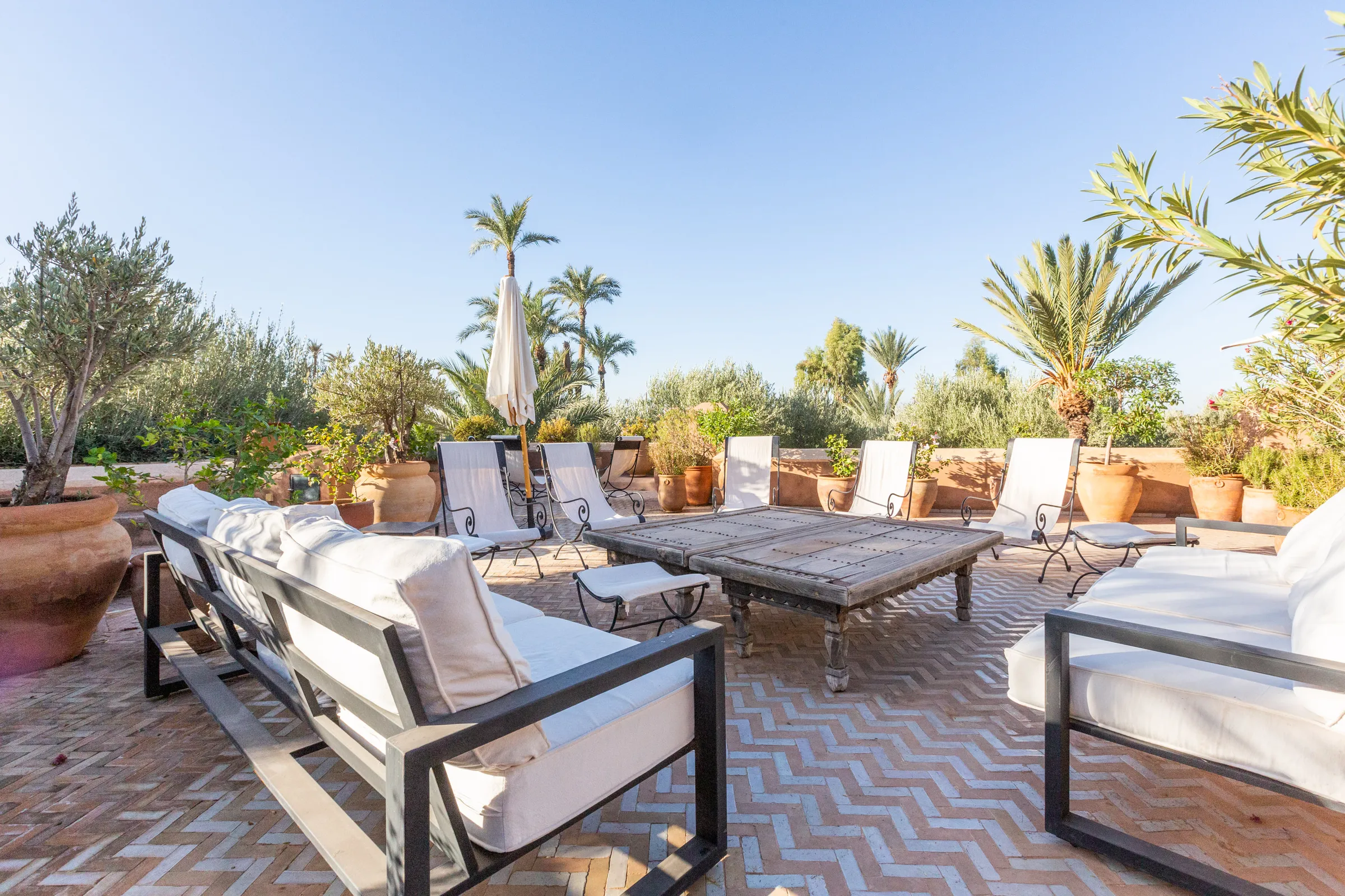 Villa Amalthea, private villa rental in the Palmeraie, Marrakech: terrace lounge with outdoor sofas and potted plants