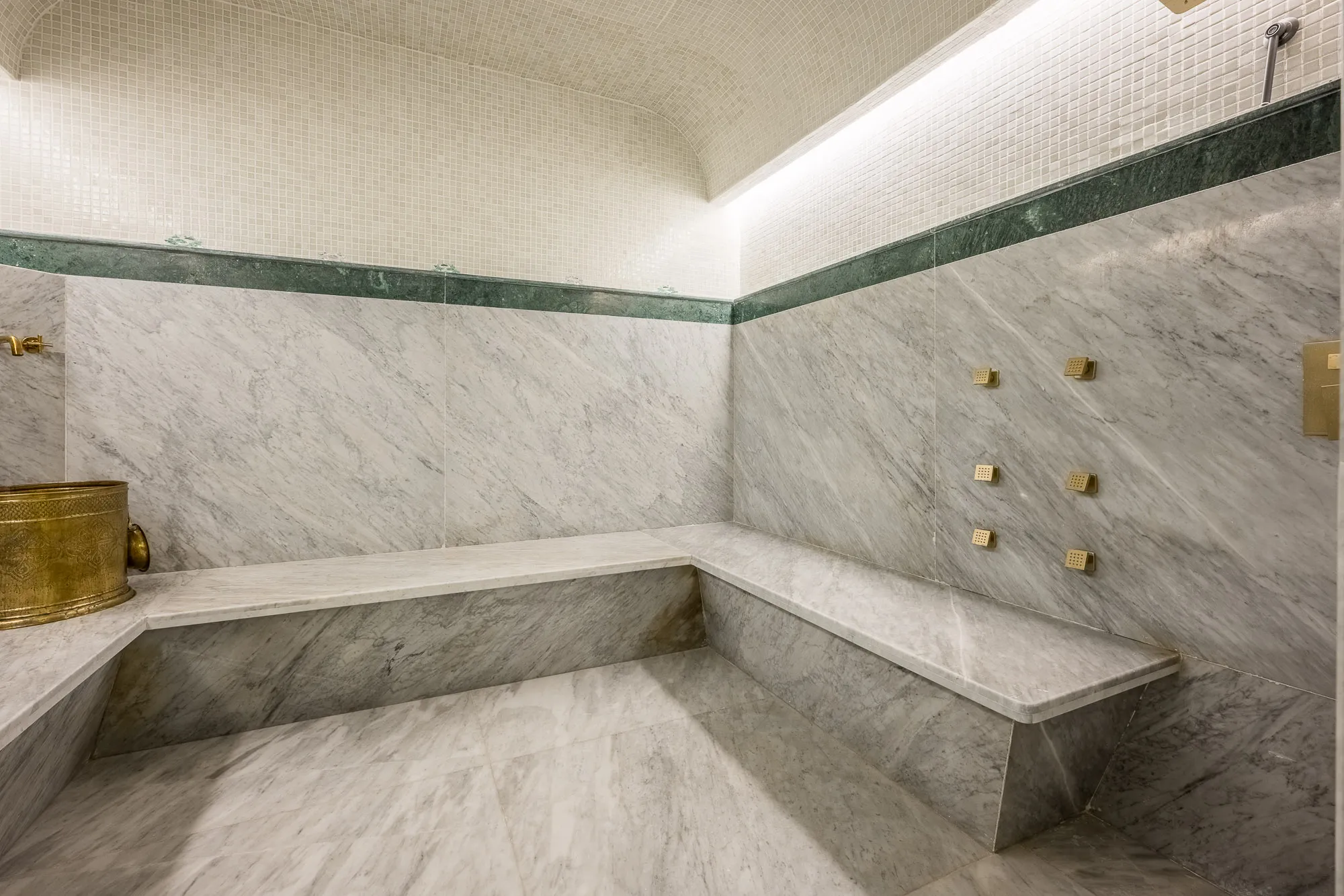 Villa Daphne, private villa rental at Amelkis Golf, Marrakech: marble hammam with bench