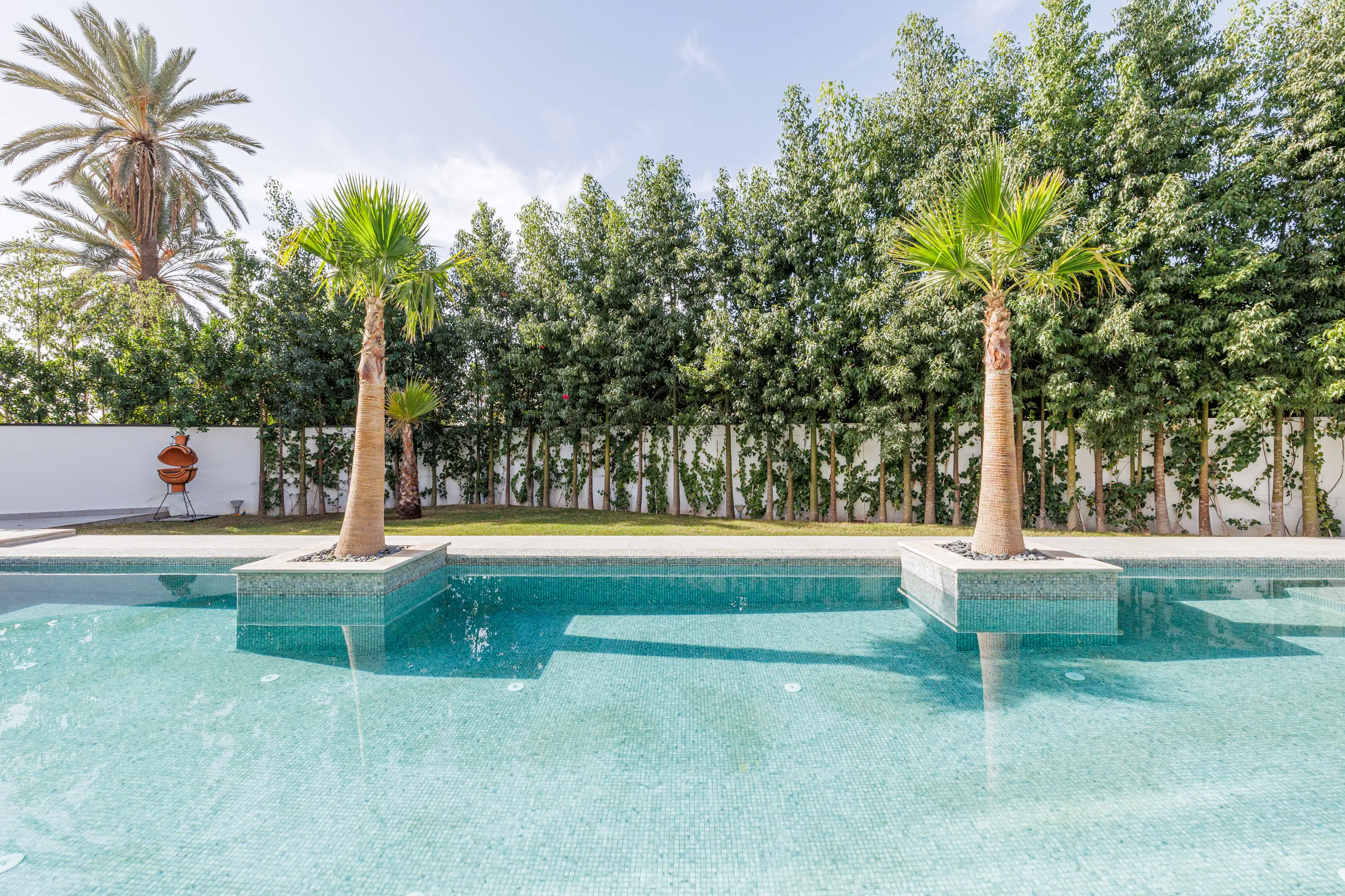 Villa Nefeli, private villa rental at Amelkis Golf, Marrakech: swimming pool with palm trees and a screen of trees