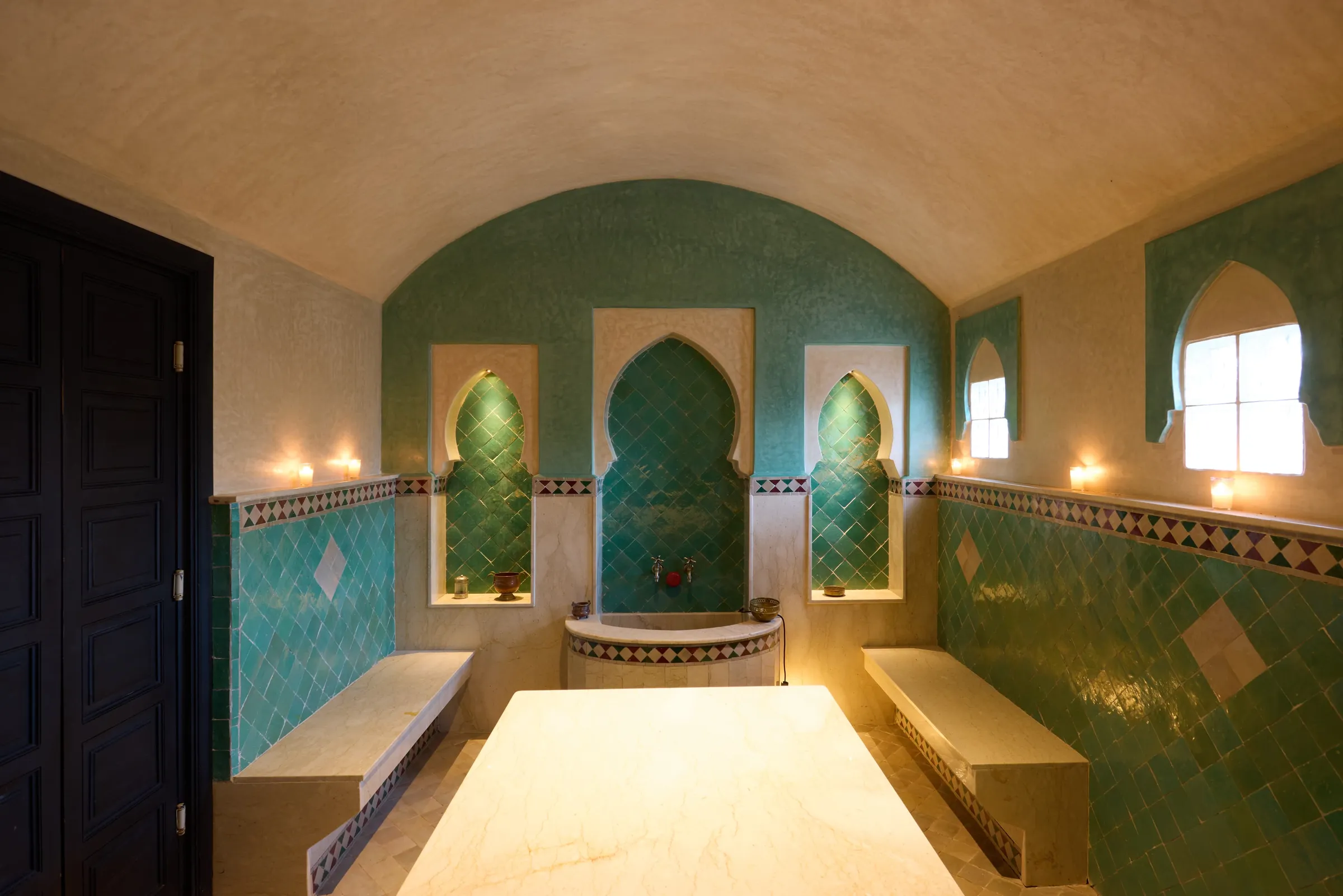 Villa Nyx, private villa rental on the Route d'Amizmiz, Marrakech: hammam with green zellige tiles